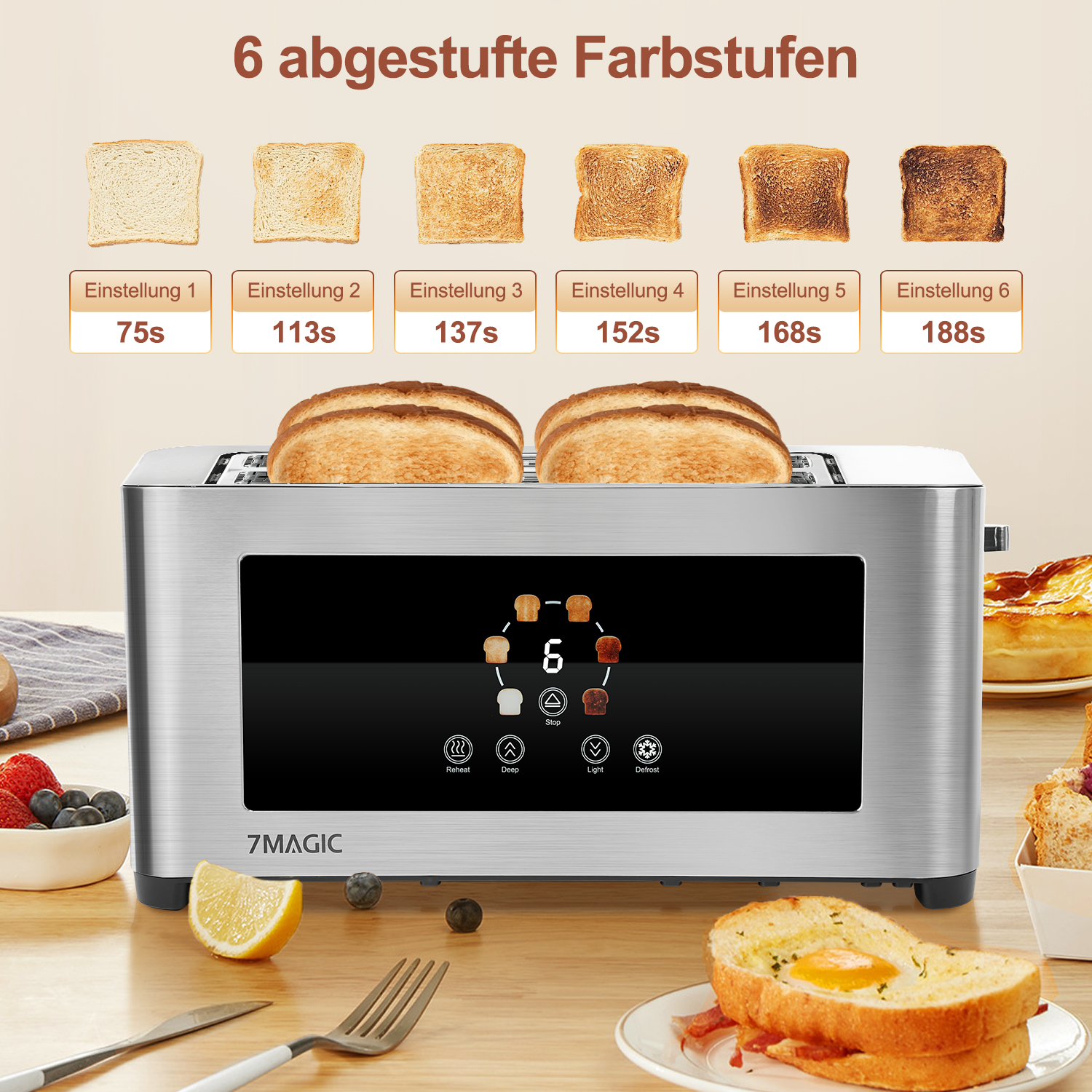 Toaster mit Toastscheiben, die 6 Bräunungsstufen zeigen.
