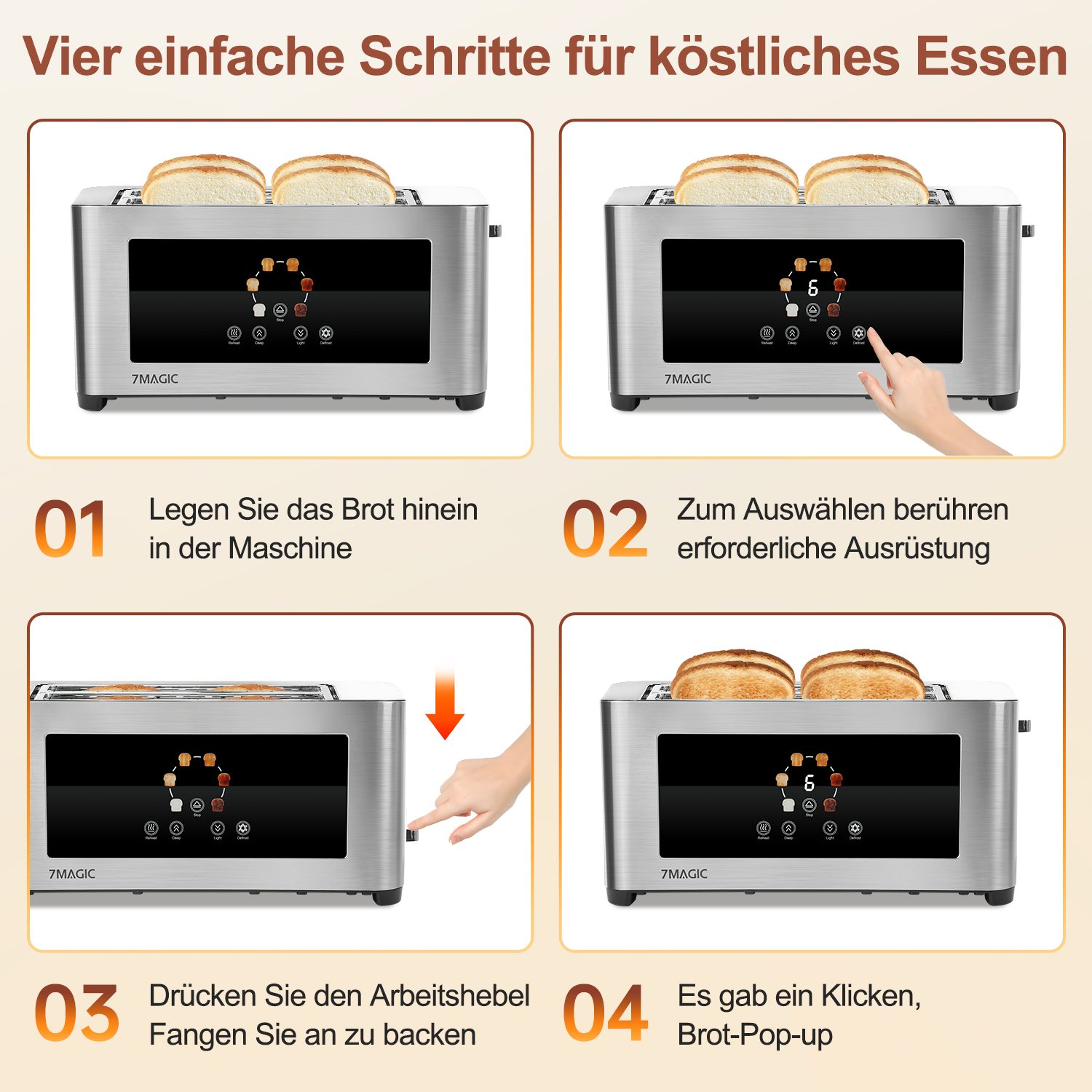 Vier Schritte zur Bedienung eines Toasters mit Text auf Deutsch, auf weißem Hintergrund.