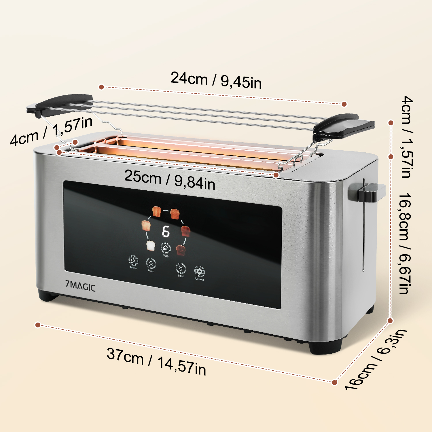 Silberner Toaster mit Maßangaben. Verfügt über Tasten und ein digitales Display.