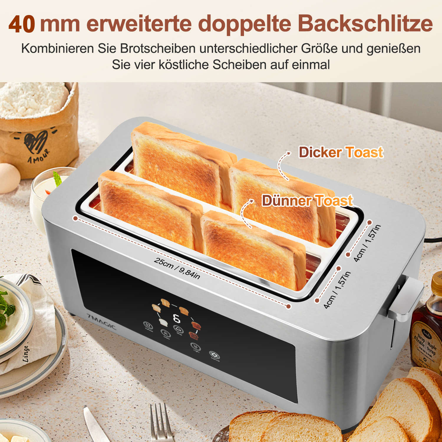 Ein silberner Toaster mit vier Toastscheiben, verschiedenen Etiketten und Messungen.