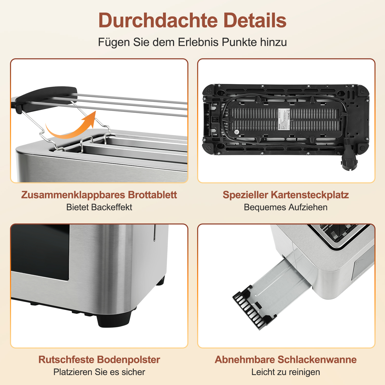 Nahaufnahme eines Toasters mit Text über Funktionen, einschließlich Krümelschublade.