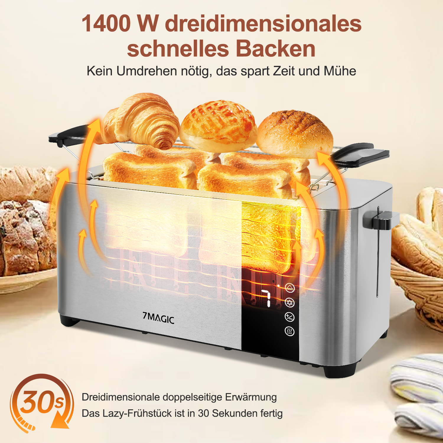 Ein silberner Toaster mit Brot und Gebäck. Pfeile zeigen den Röstvorgang und die Zeit beträgt 30 Sekunden.