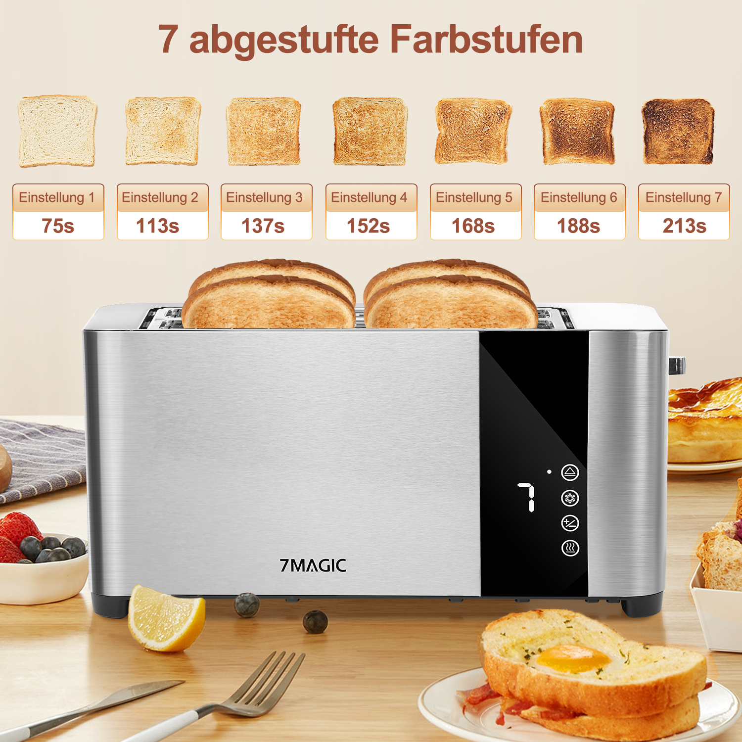 Ein Toaster mit zwei Toastscheiben und einem Display mit Einstellungen. Sieben Toastschattierungen sind abgebildet.