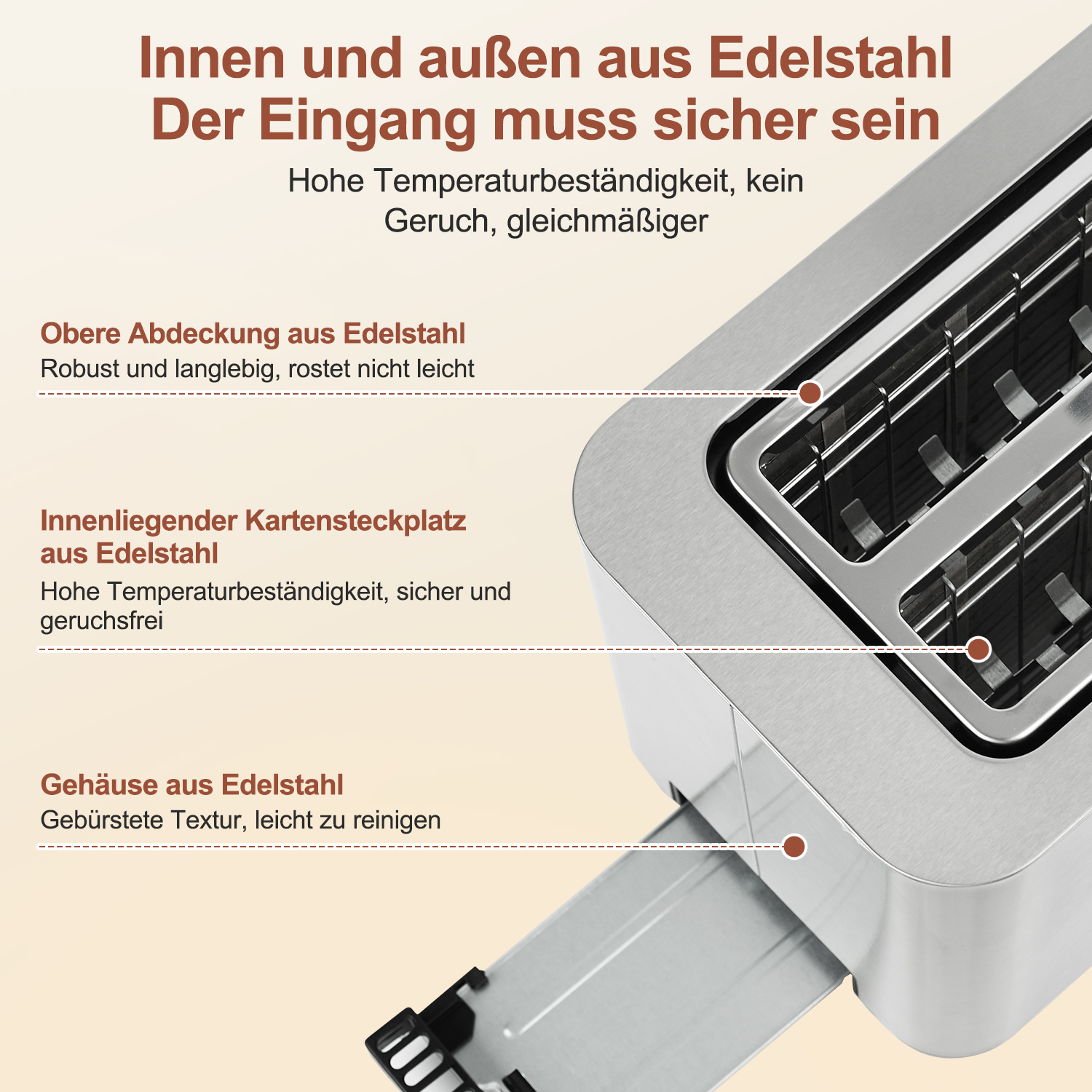 Nahaufnahme eines Toasters aus Edelstahl mit Etiketten, die Funktionen anzeigen. Text ist auf Deutsch.