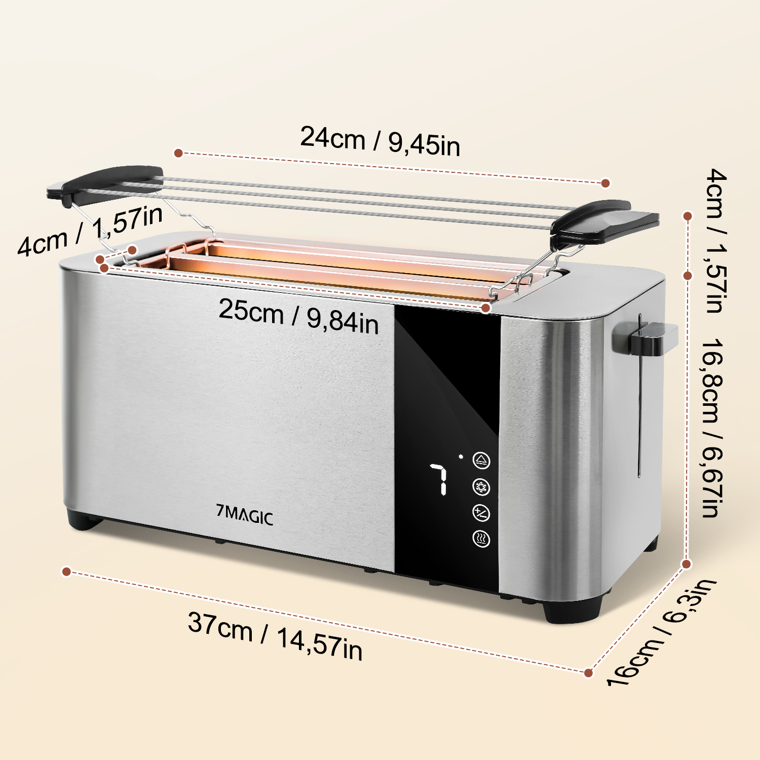 Silberner Toaster mit Maßangaben. Er hat ein schwarzes Display und einen ausklappbaren Warmhalter.