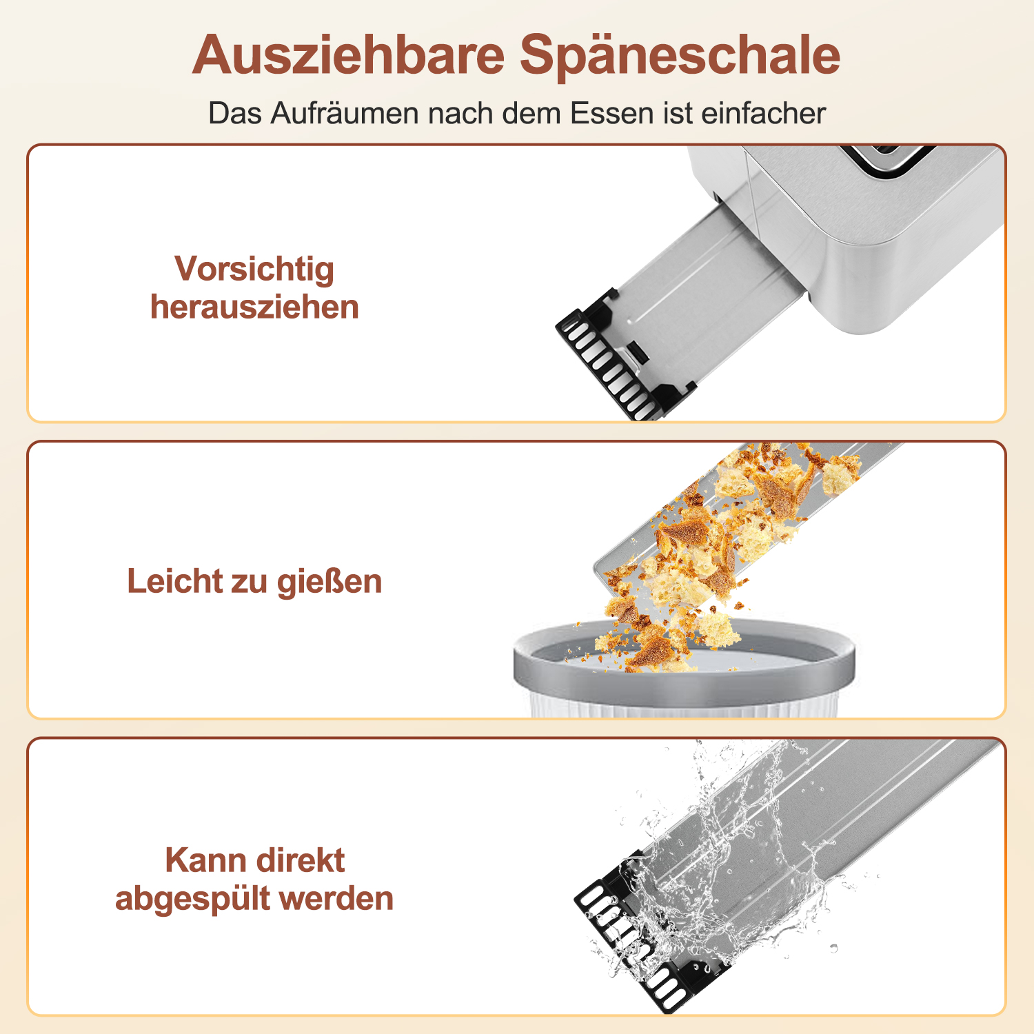 Anweisungen zur Reinigung der Krümelschublade eines Toasters. Zeigt Entfernung, Entleeren und Spülen.