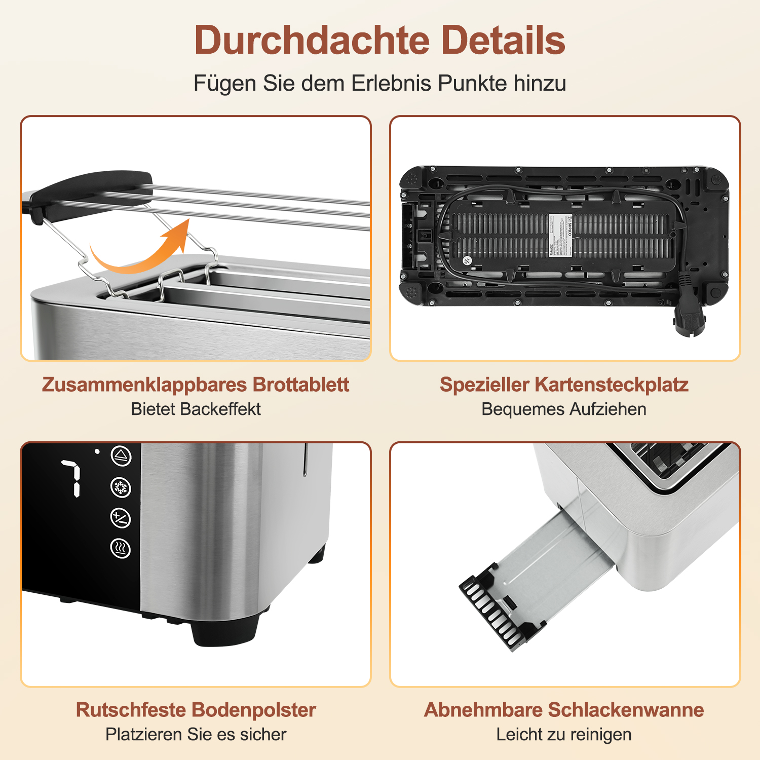 Eine Collage von Bildern, die Details eines Toasters zeigen: Brotschale, Boden und Bedienfeld.