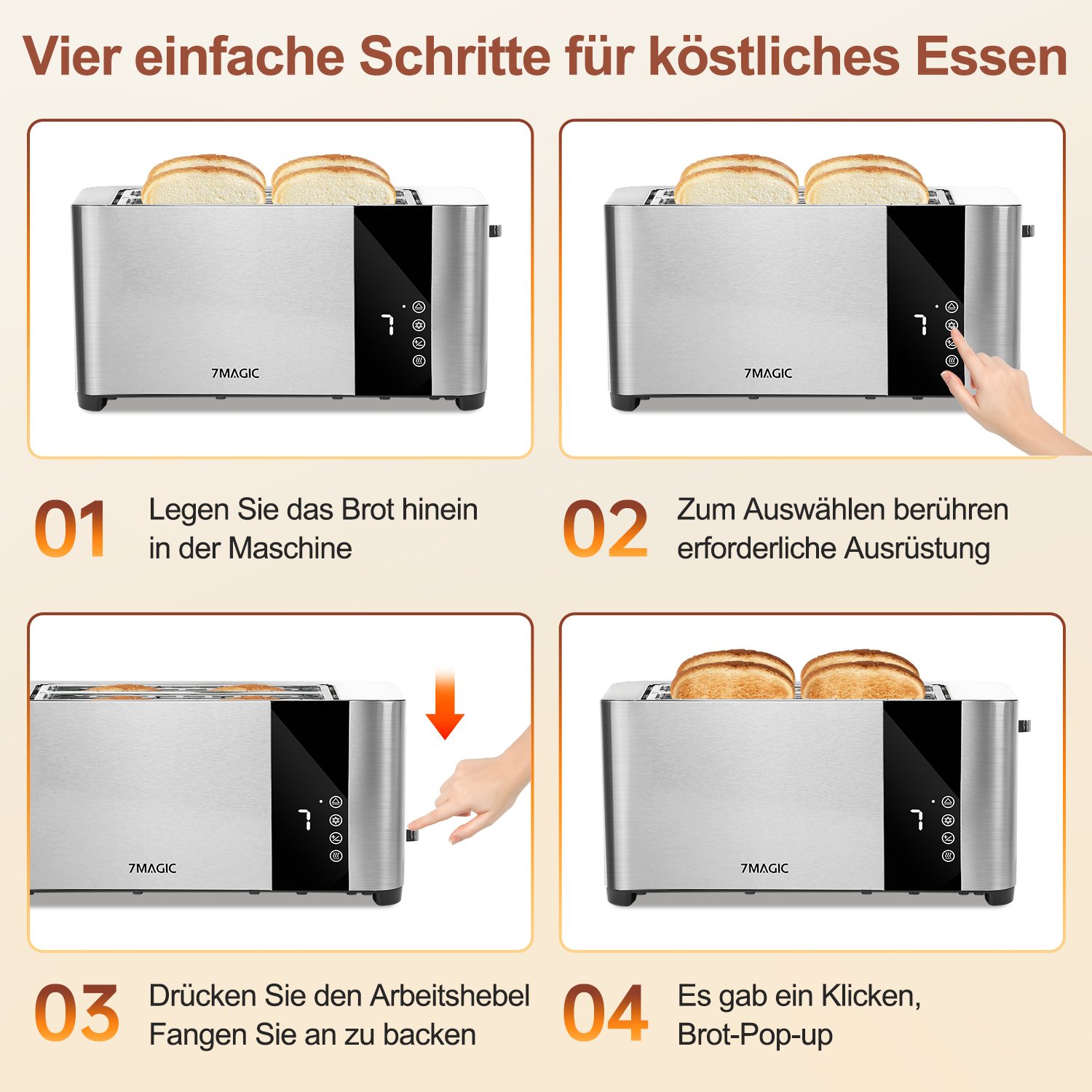 Vierfelderbild, das einen Toaster in Gebrauch zeigt. Toast wird in den Toaster gelegt und dann zum Toasten heruntergedrückt.