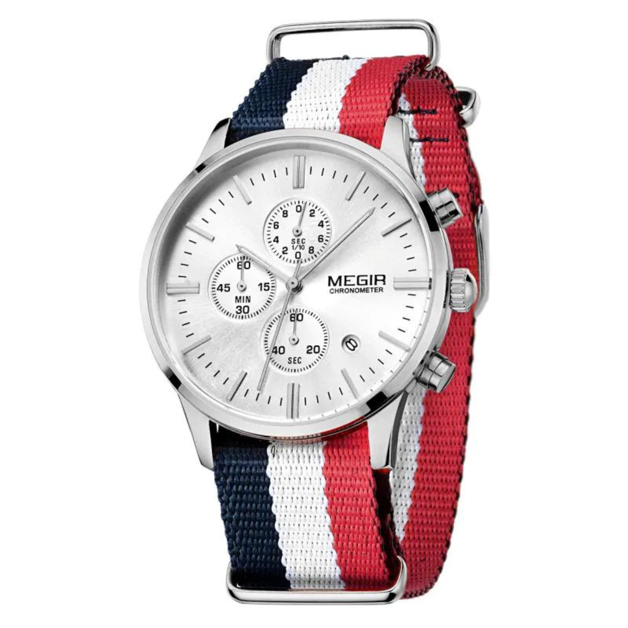 Silberne Uhr mit weißem Zifferblatt, schwarzen Zeigern, rot-weiß-blau gestreiftem Armband und silbernem Gehäuse.