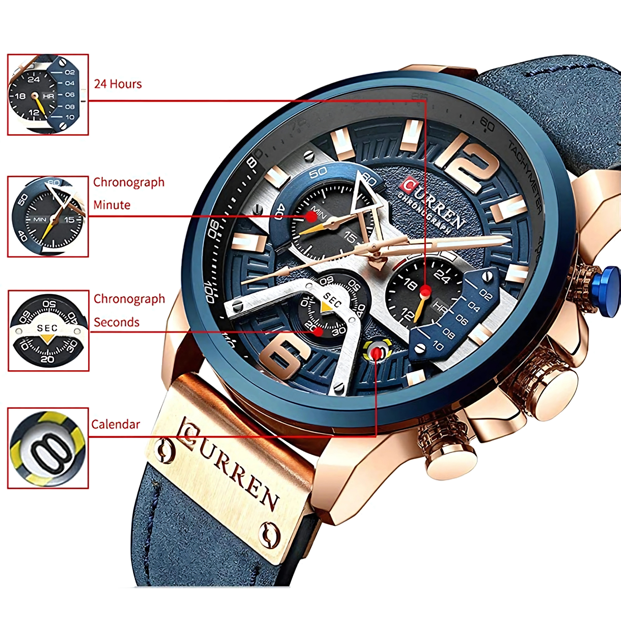 Nahaufnahme einer Uhr mit blauem Zifferblatt und mehreren Zifferblättern, die Zeitmessfunktionen zeigen.