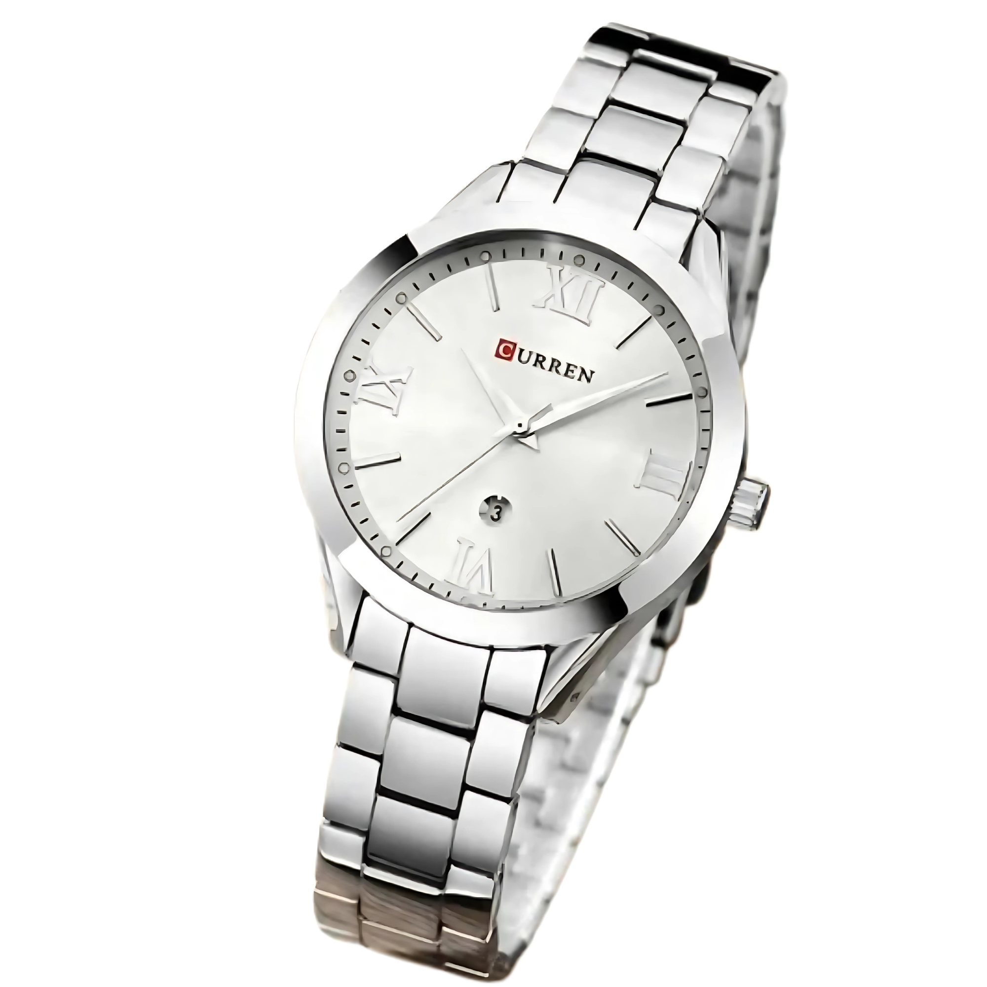 Eine silberne Uhr mit weißem Zifferblatt, römischen Ziffern und silbernem Armband.