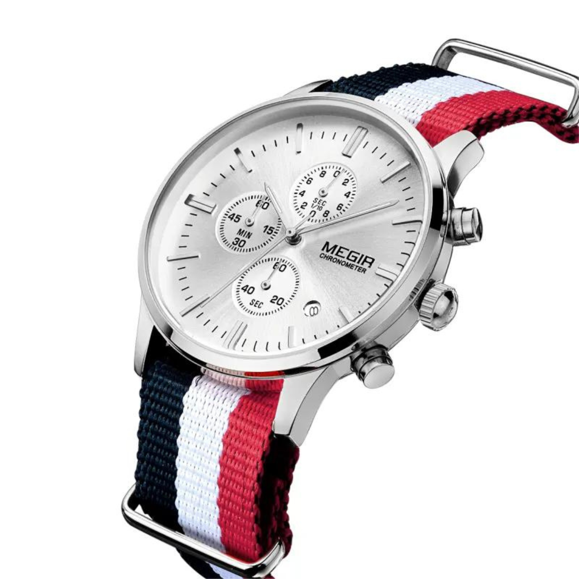 Eine silberne Uhr mit weißem Zifferblatt, schwarz-rot gestreiftem Band und Chronographenfunktion.