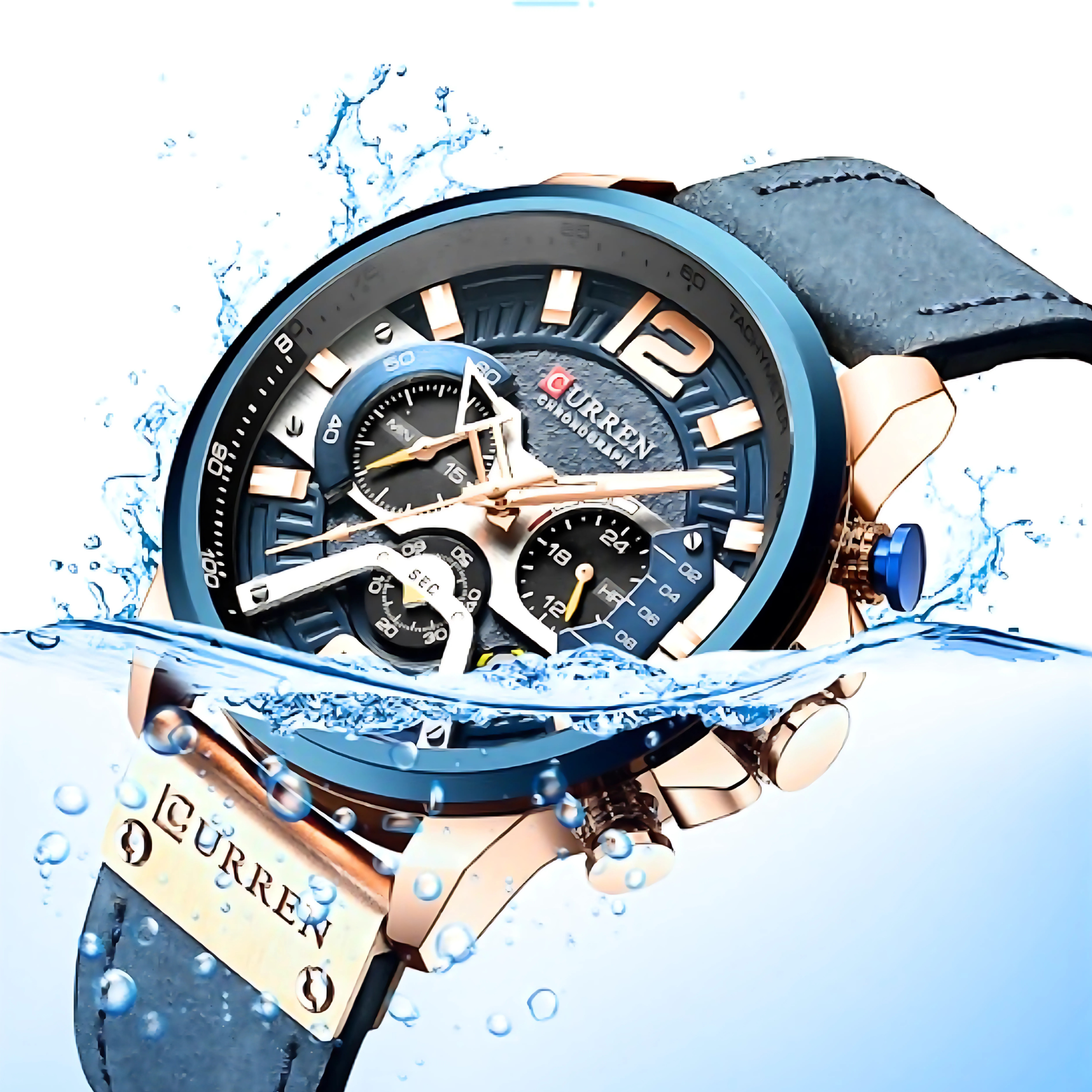 Wasserdichte Uhr in Wasser. Blaue und goldene Uhr mit Wassertropfen und Spritzeffekten.