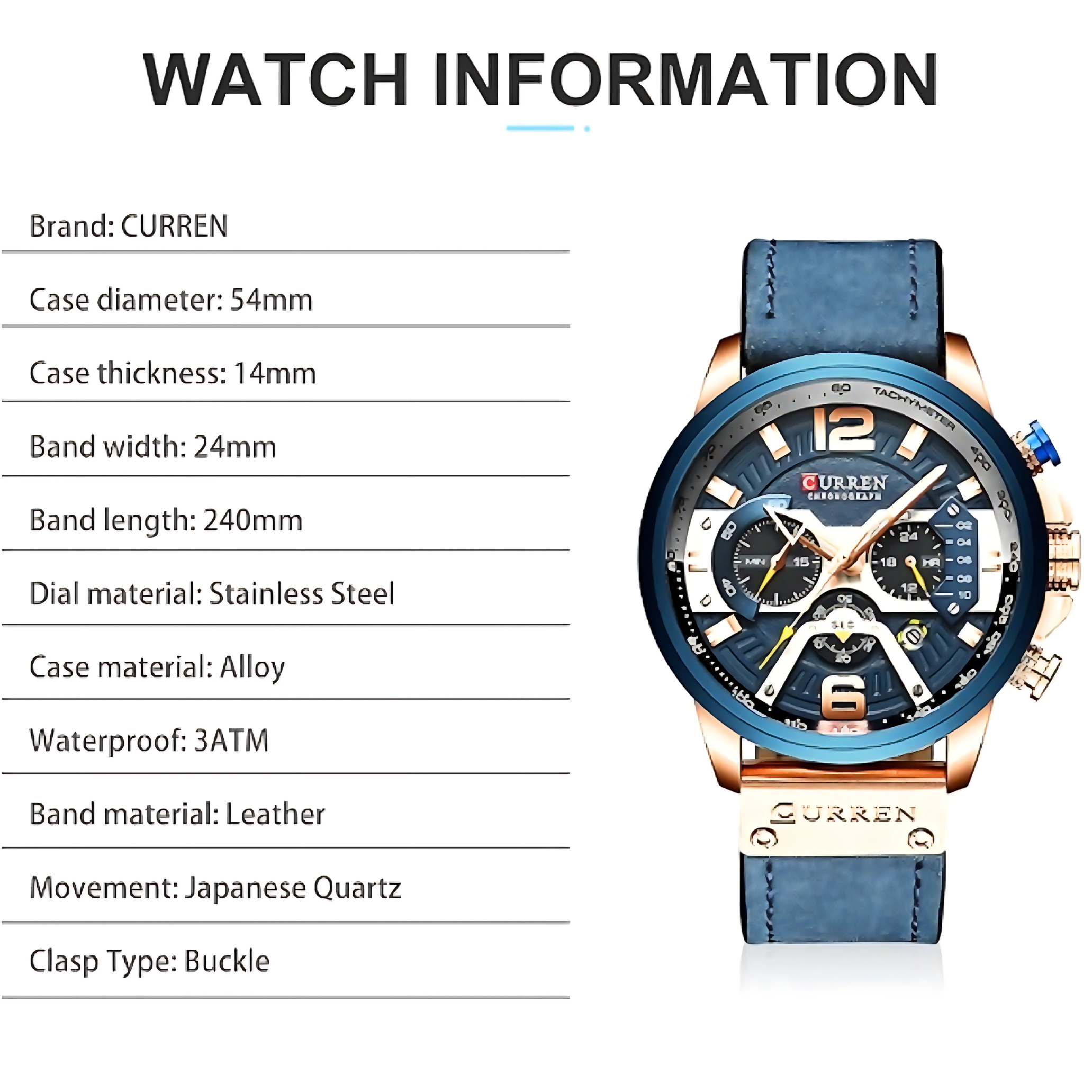 Uhreninformationen: Marke CURREN, Gehäusedurchmesser 54mm, blaues Armband und eine Uhr.