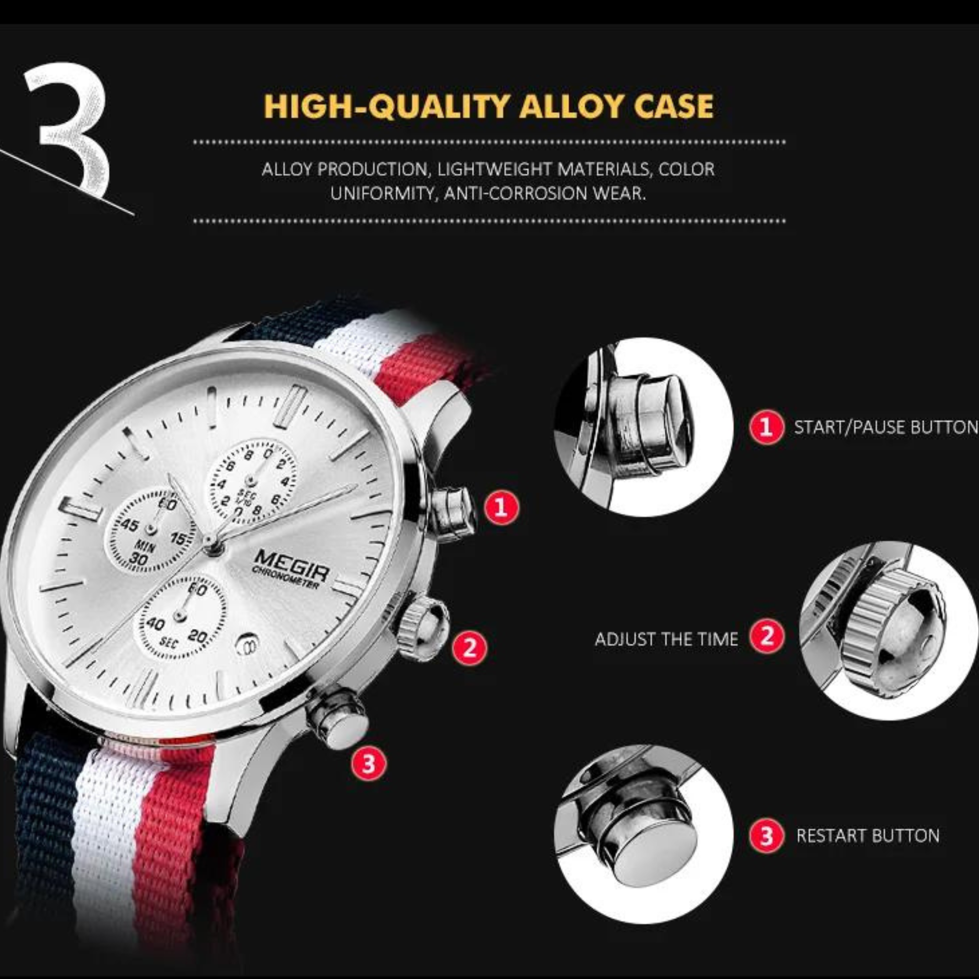 Eine Armbanduhr mit silbernem Zifferblatt und Knöpfen. Die Uhr hat ein blaues, rotes und weißes Armband.