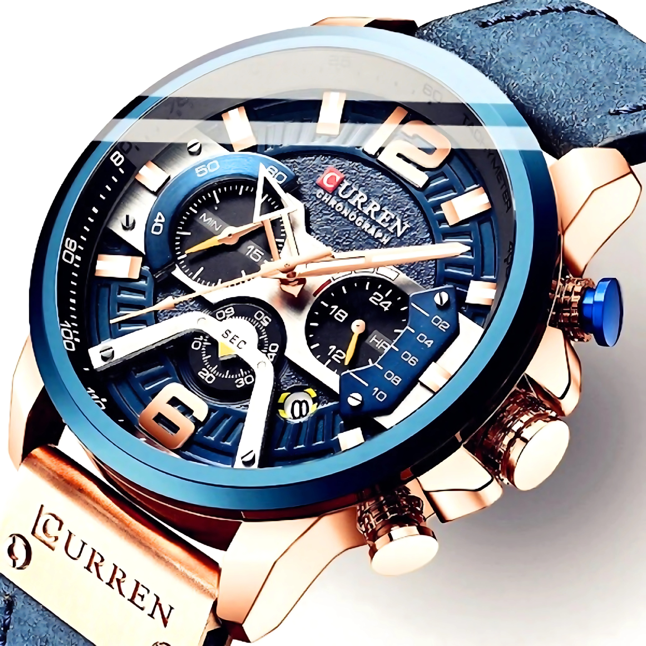 Nahaufnahme einer blau-goldenen Uhr. Zeit auf dem Zifferblatt angezeigt.