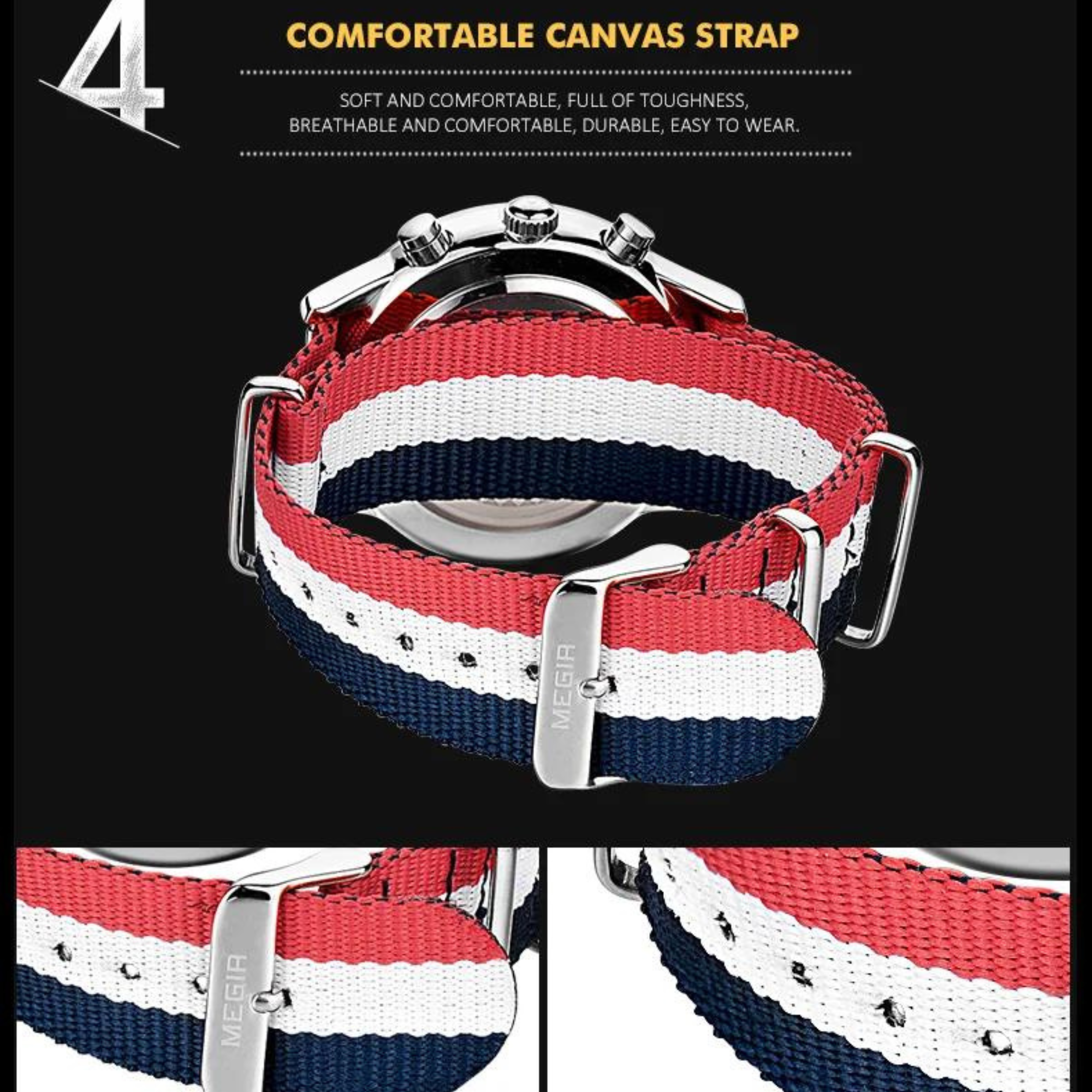 Uhrenarmband mit rot-weiß-blauen Streifen, Schnallen-Details und Text 'MEGIR'.