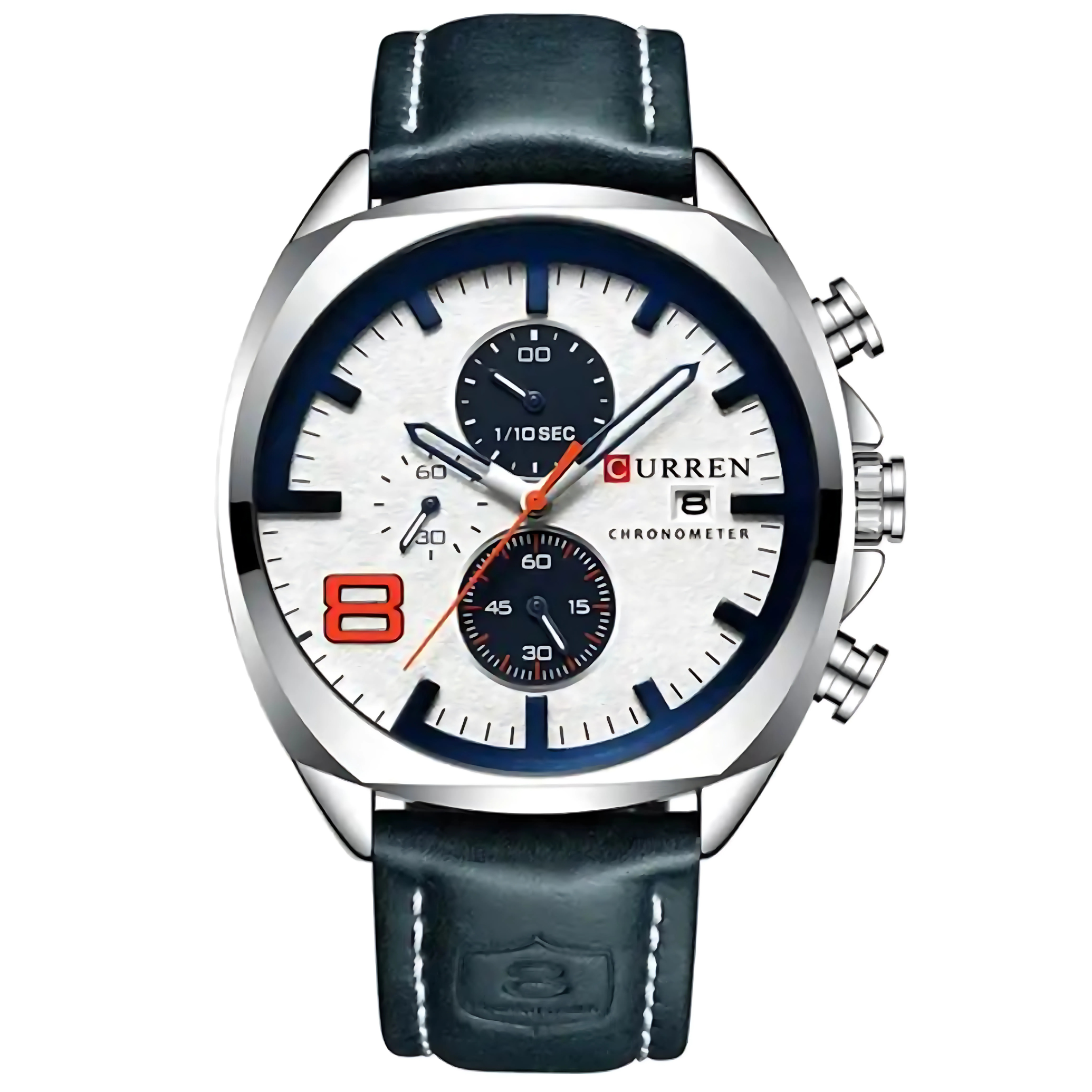 Eine silberne Uhr mit weißem Zifferblatt, schwarzen und blauen Zifferblättern und einem schwarzen Lederarmband.
