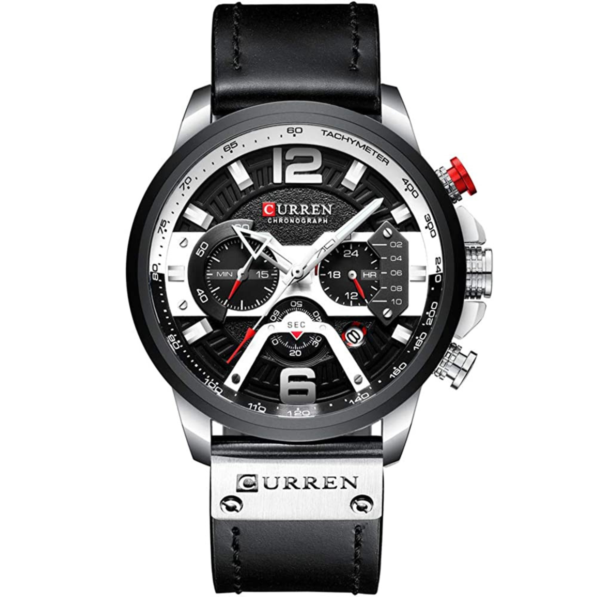 Eine schwarz-silberne CURREN Chronographen-Uhr mit schwarzem Zifferblatt und weißen Markierungen.
