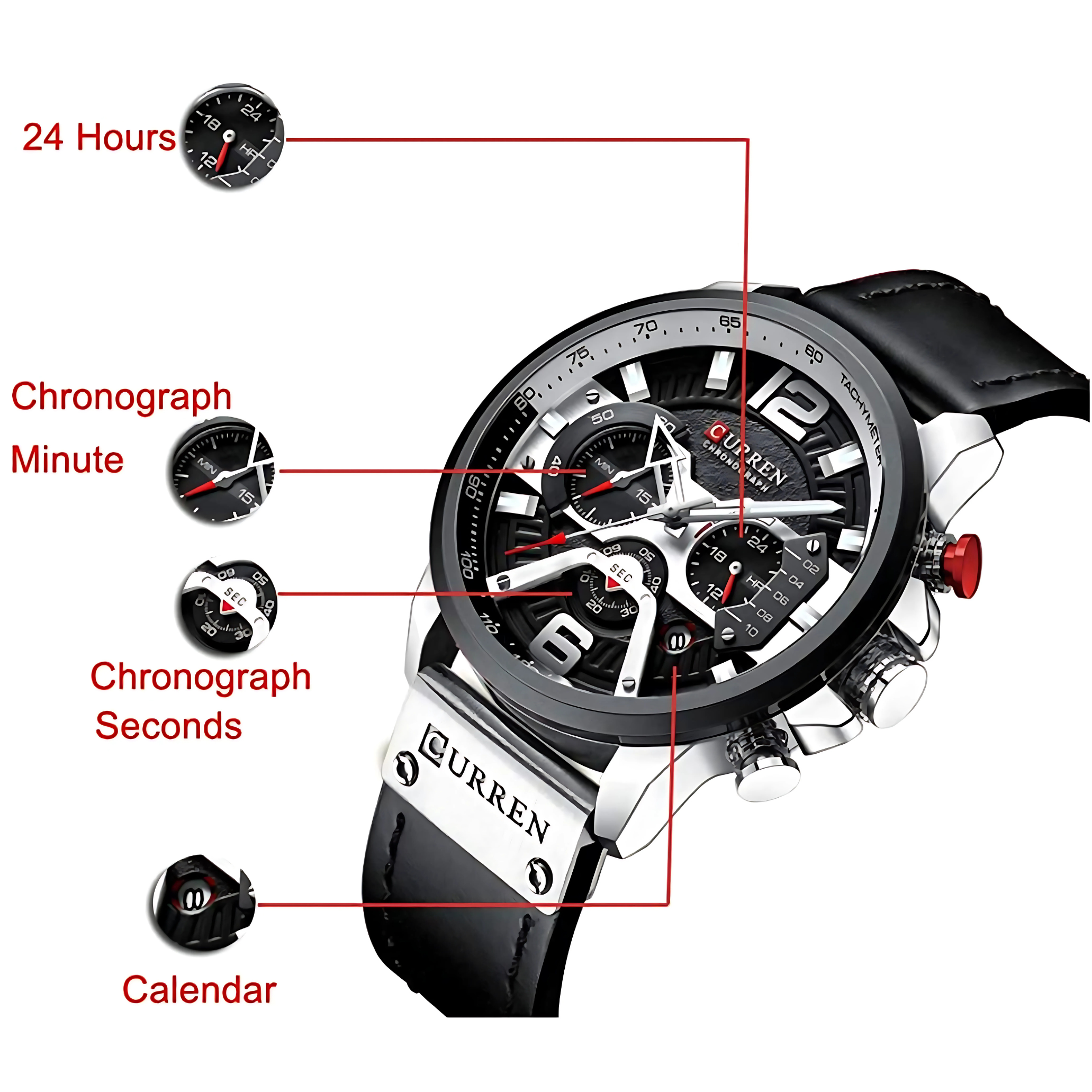 Silber-schwarze Armbanduhr mit mehreren Zifferblättern und schwarzem Lederarmband. Text: Curren Chronograph.