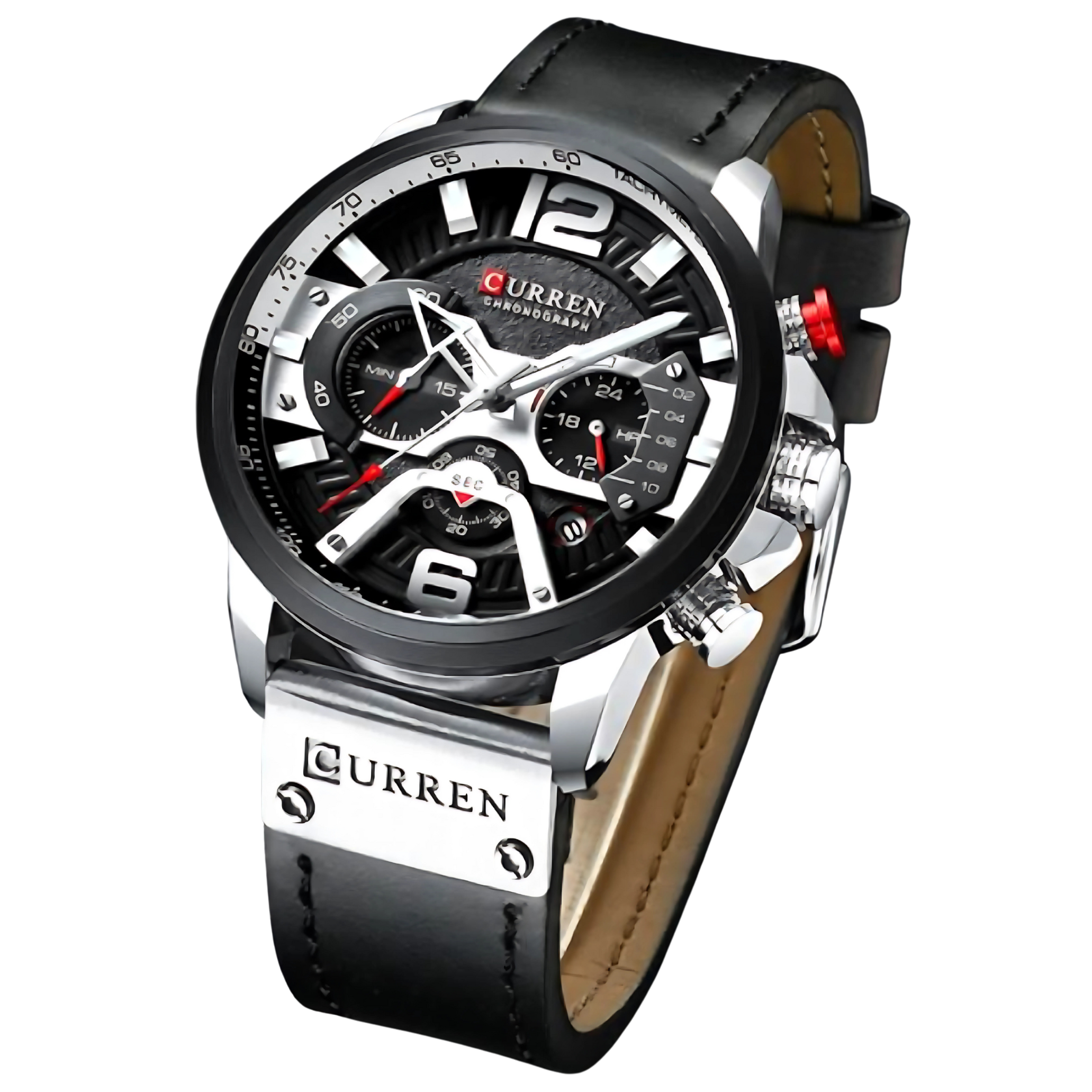 Schwarze und silberne Uhr mit schwarzem Lederarmband. Weiße und rote Akzente.