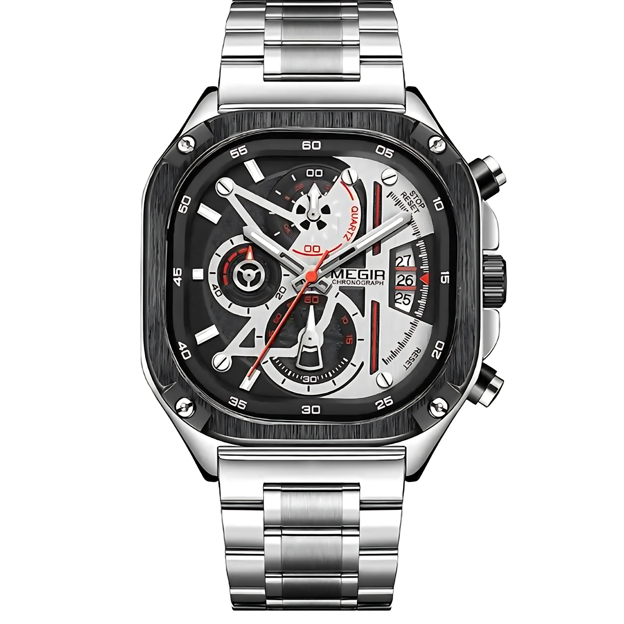 Silberne Uhr mit schwarzem Zifferblatt, Chronographen und silbernem Metallarmband. Die Uhr ist neu.