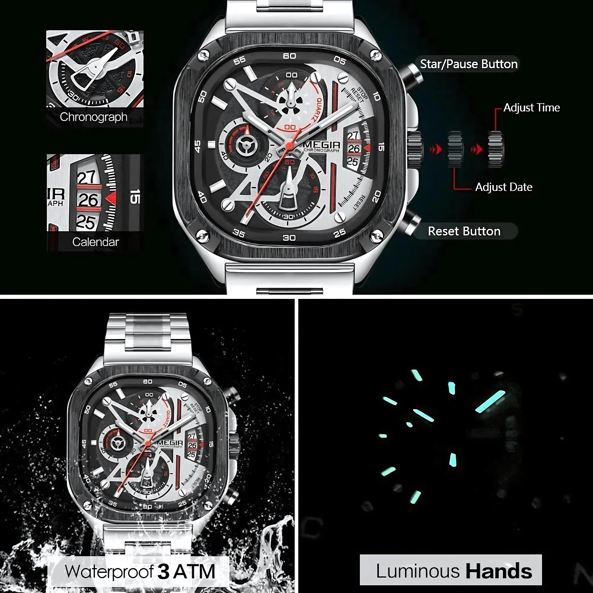 Eine schwarz-silberne Uhr mit Chronographenzifferblättern und Kalender. Merkmale sind Leuchtzeiger und 3 ATM Wasserdichtigkeit.