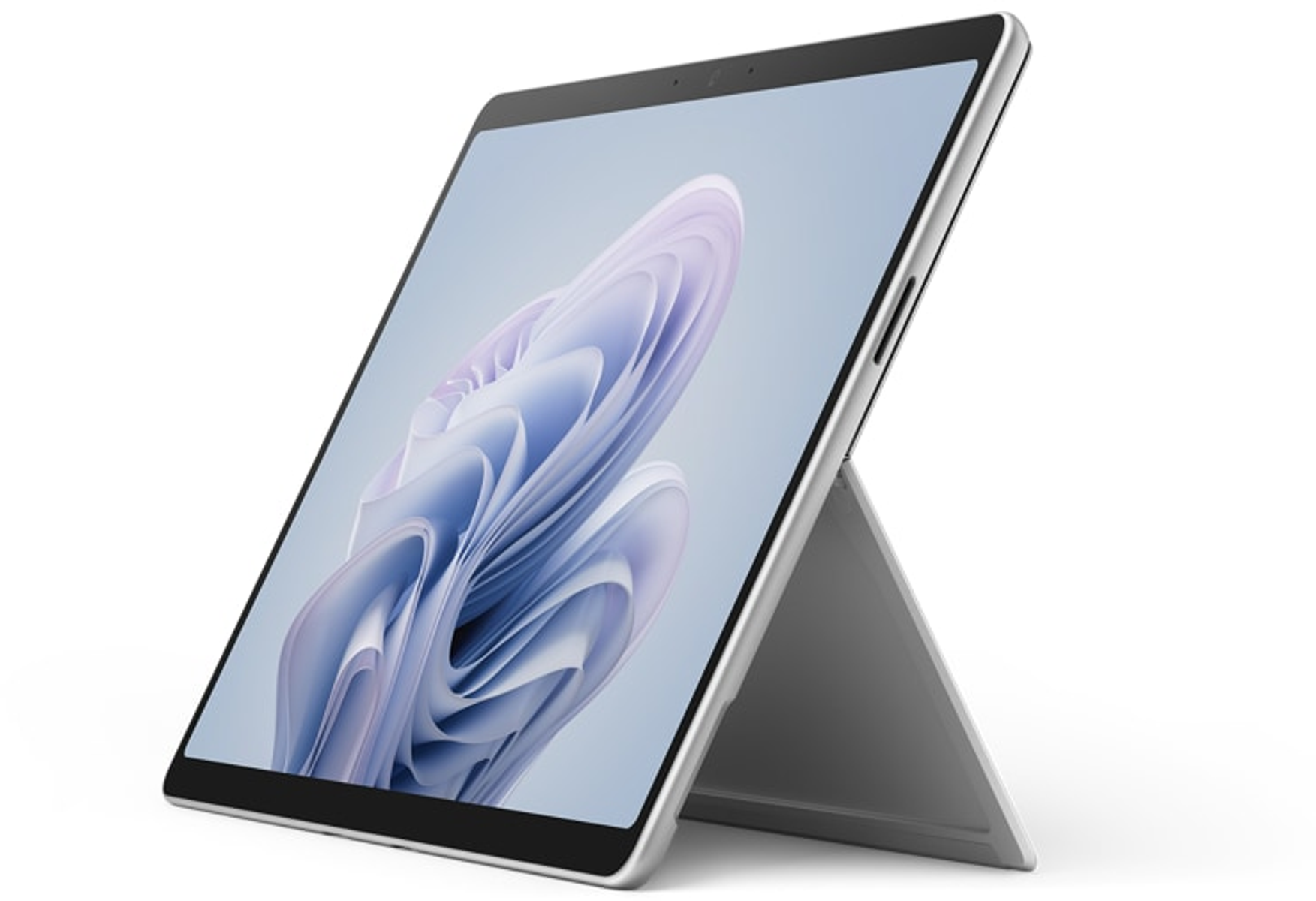 Srebrny tablet z jasnoniebieskim ekranem, podparty srebrną podstawką.