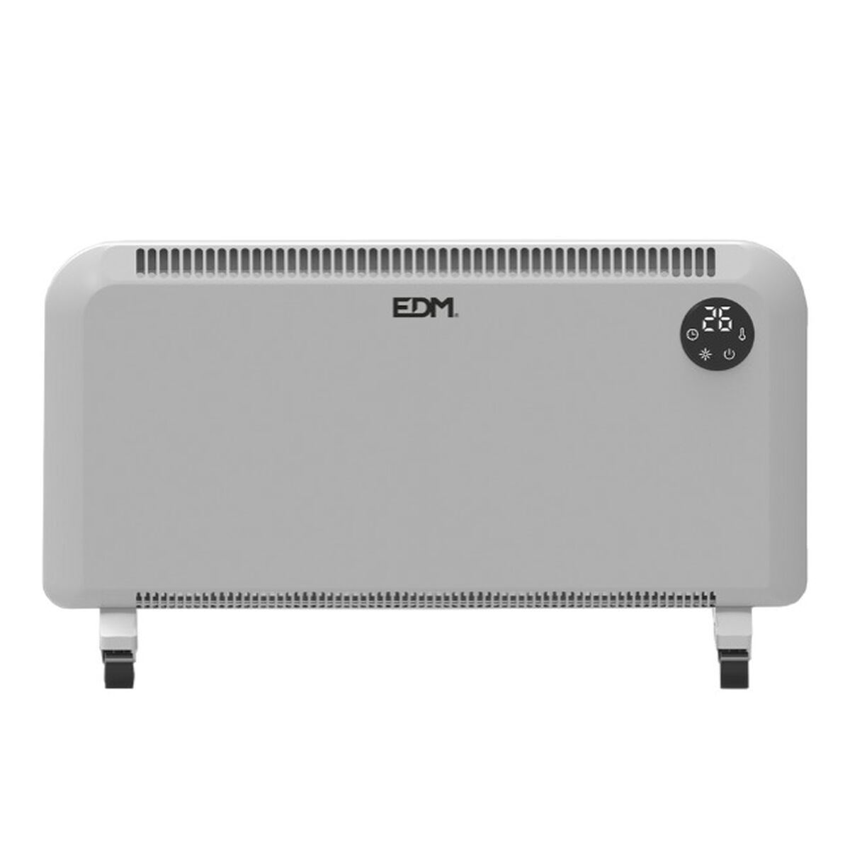 Calentador eléctrico blanco con pantalla digital, marca EDM y ruedas.