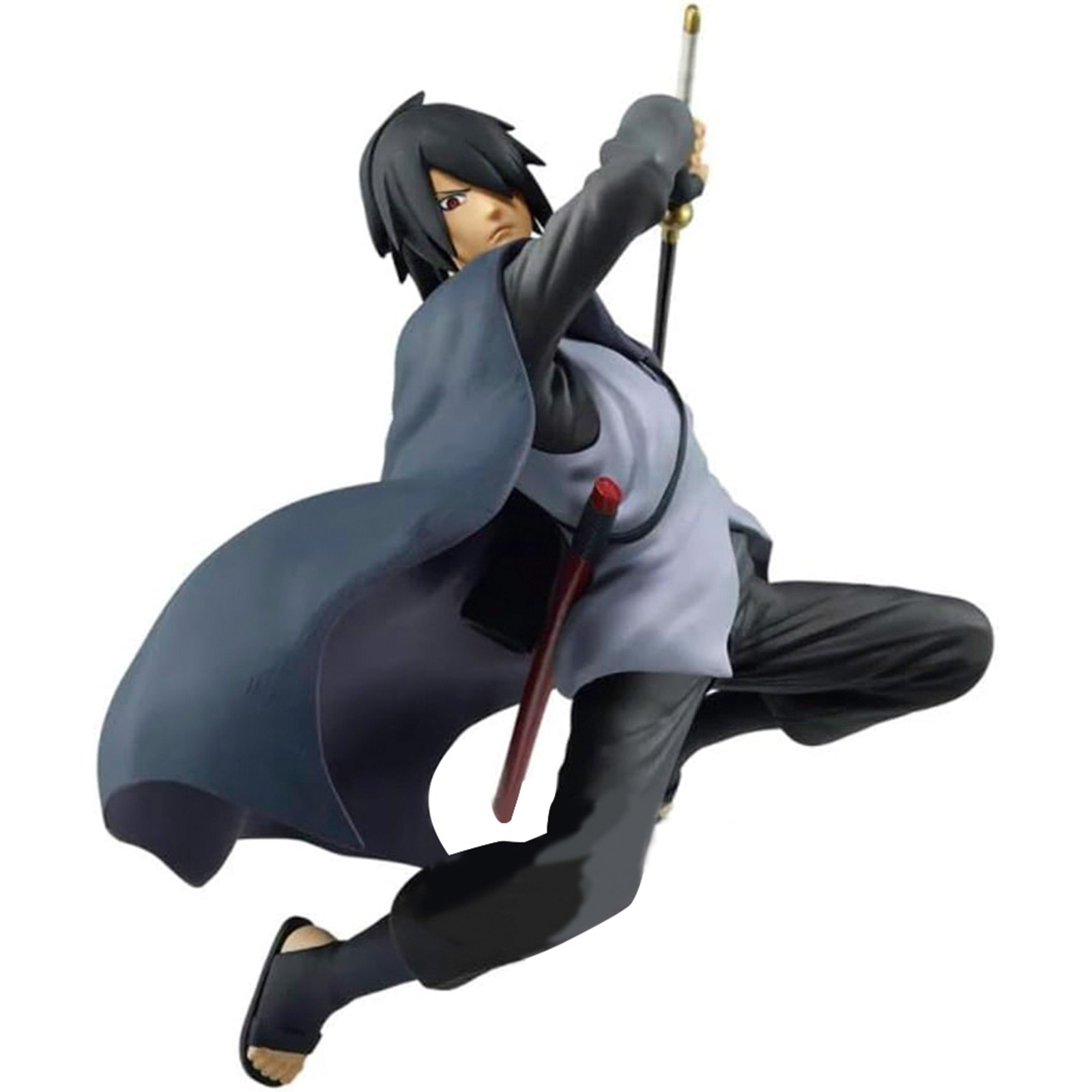 Figurine d'anime d'un homme aux cheveux noirs, en pose dynamique, tenant une épée. Il porte une cape bleue.