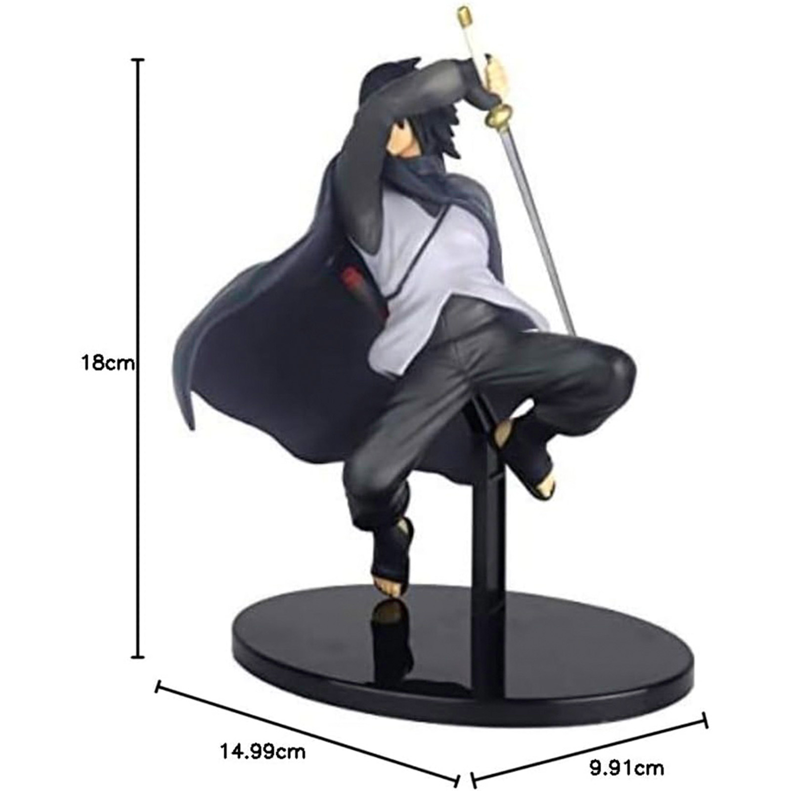 Une figurine d'un personnage d'anime aux cheveux noirs dans une pose dynamique, tenant une épée sur un socle.