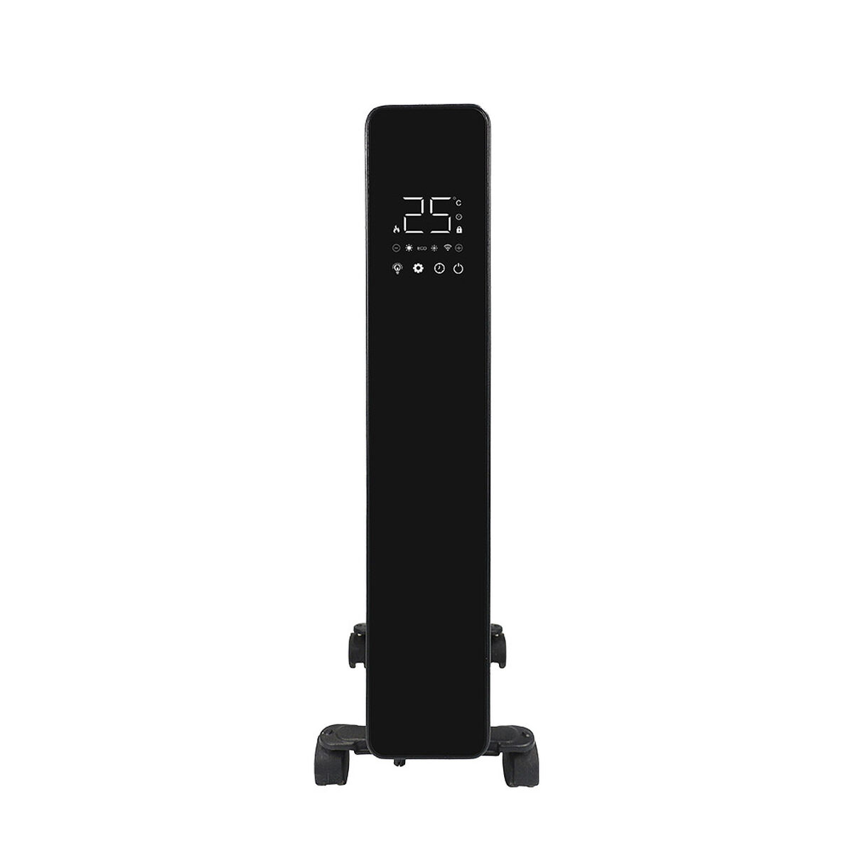 Calentador eléctrico negro con pantalla digital que muestra temperatura y botones.