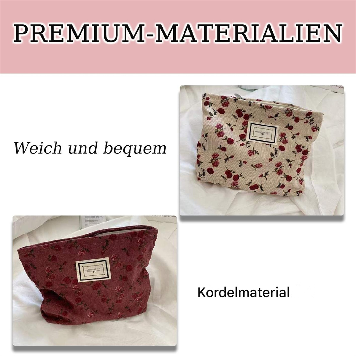 Zwei Kosmetiktaschen mit Blumenmuster. Text: Premium-Materialien, weich und bequem, Kordelmaterial.