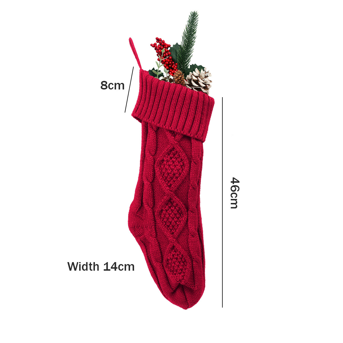 Roter Weihnachtsstrumpf mit Maßangaben: 8cm oben, 46cm Höhe und 14cm Breite.
