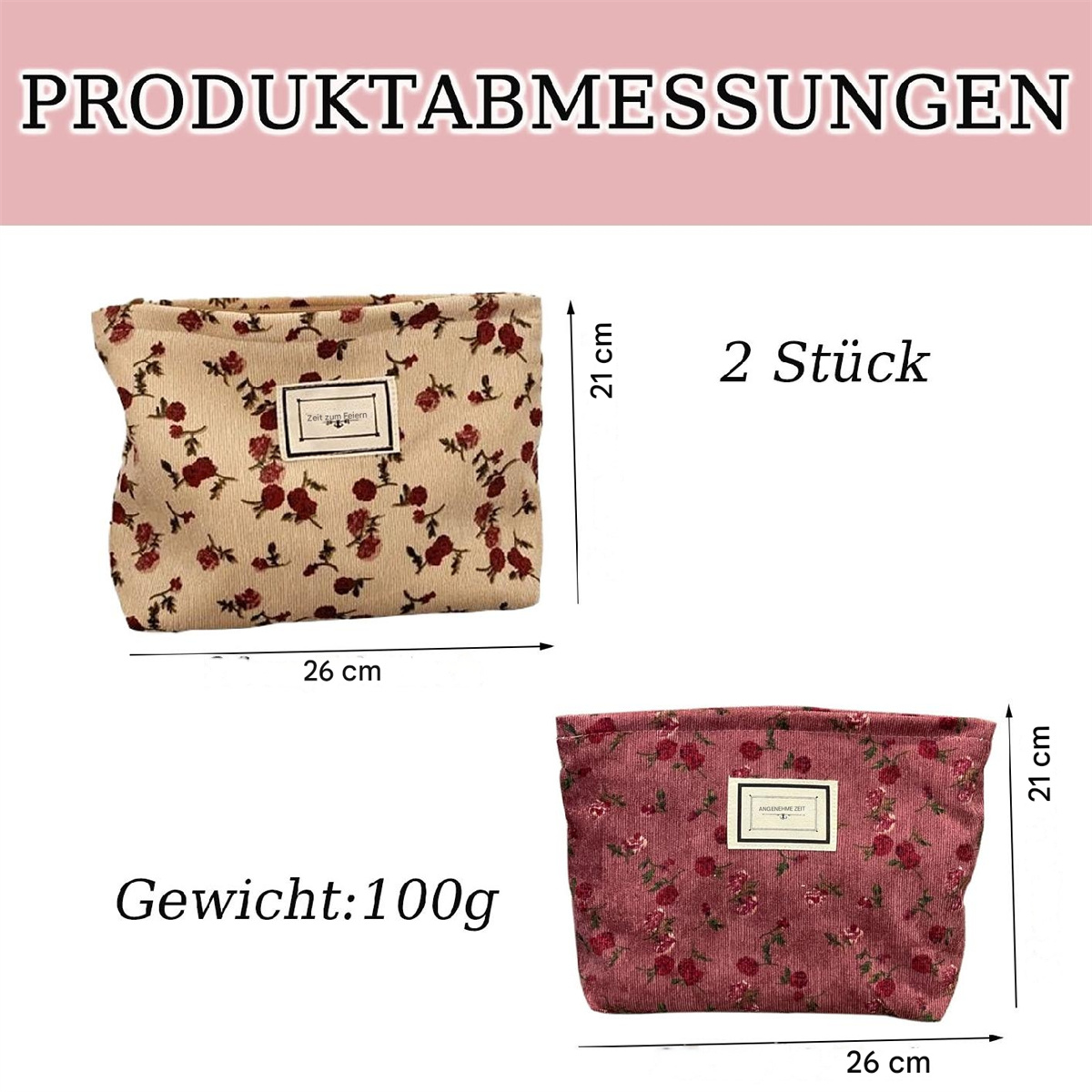Zwei Kosmetiktaschen mit Blumenmuster, mit Abmessungen und Gewicht.