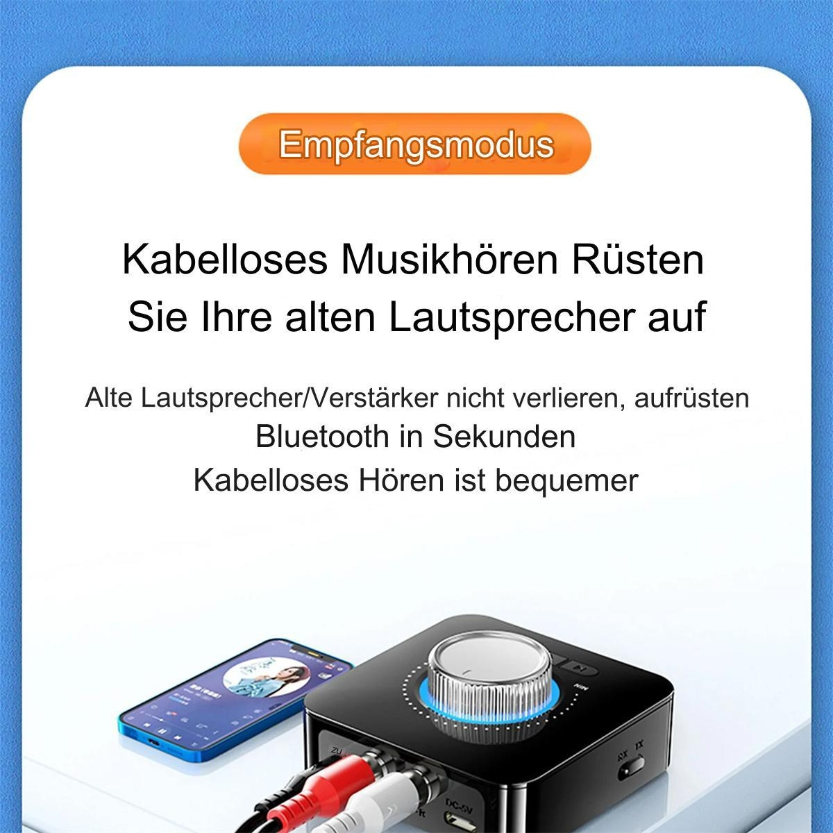 Gerät mit Text: „Kabelloses Musikhören. Rüsten Sie Ihre alten Lautsprecher auf.“ Telefon und Kabel sind ebenfalls sichtbar.