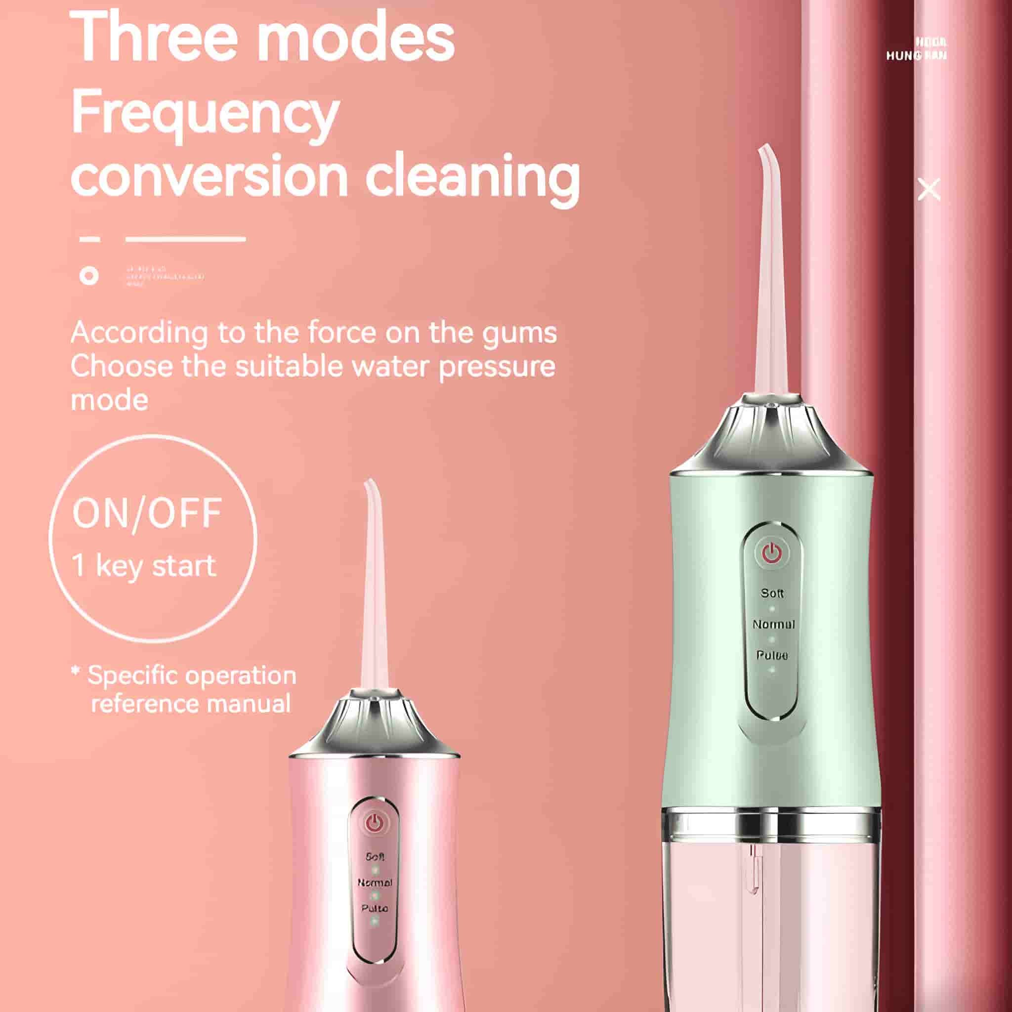 Zwei Wasserflosser, rosa und grün, mit Text über Modi und Einstellungen.