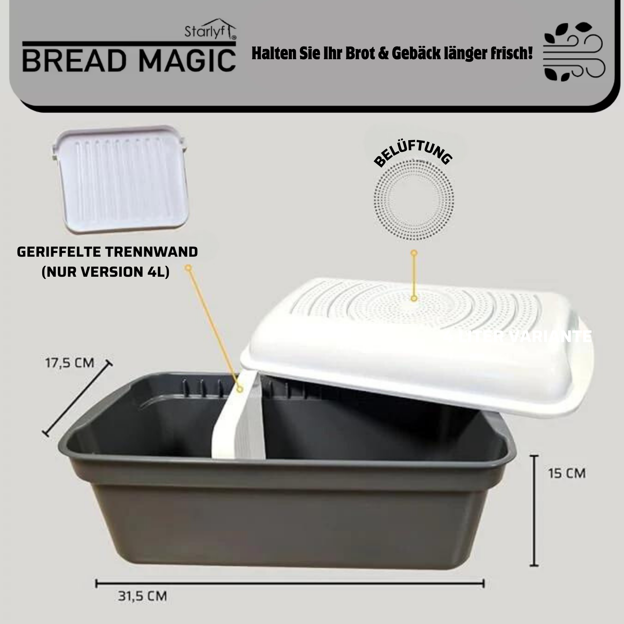 Eine Brotbox mit offenem Deckel, einem weißen Tablett und einem grauen Sockel.
