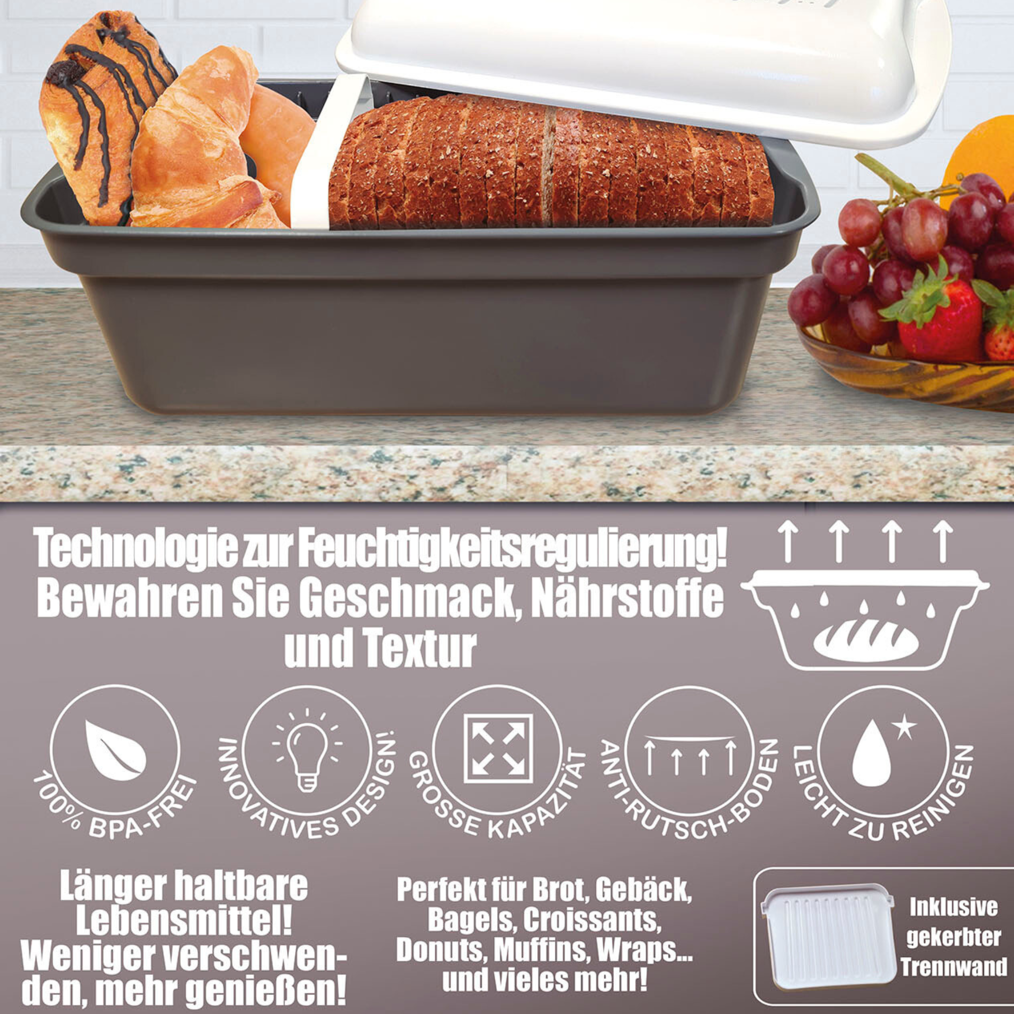 Brotaufbewahrungsbehälter mit Brot, Gebäck und Text. Enthält einen weißen Deckel. Grafiken zeigen Funktionen und Vorteile.