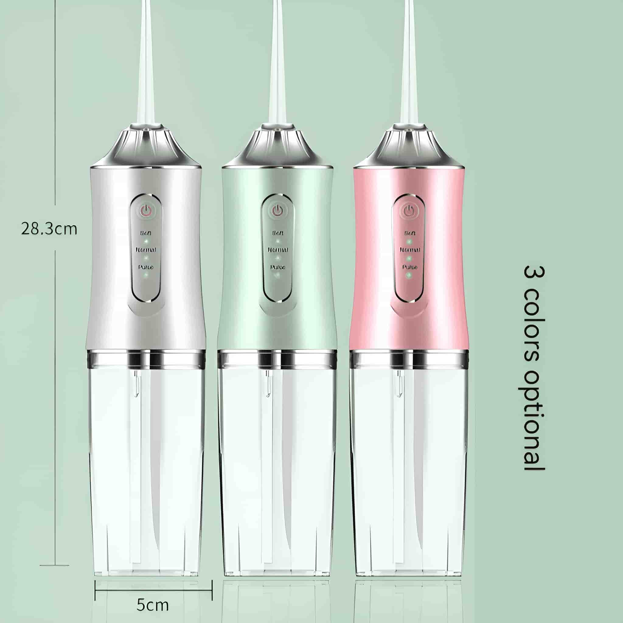 Drei Dental-Wasserflosser in verschiedenen Farben (weiß, grün, rosa). Abmessungen und Text enthalten.