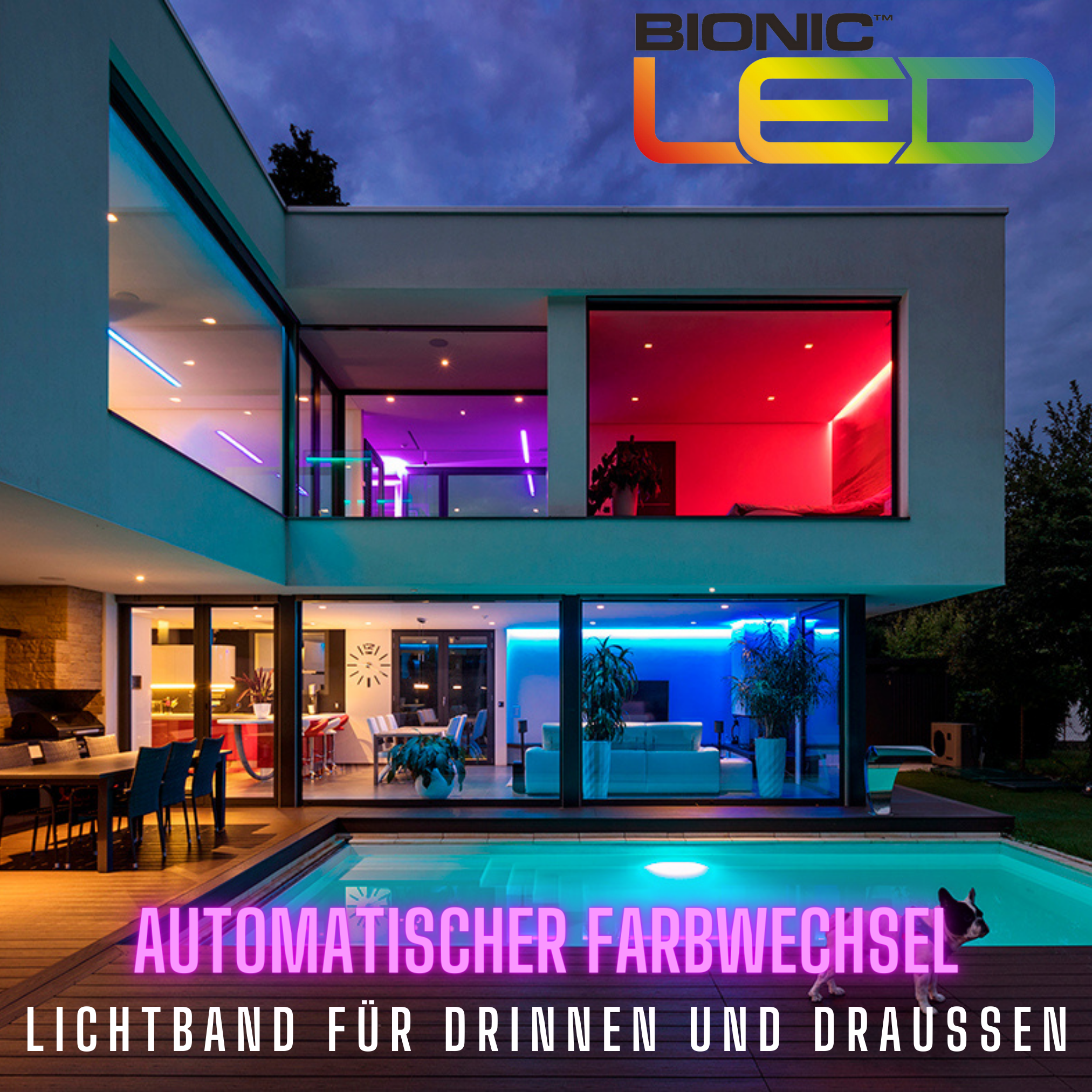 Modernes Haus mit LED-Leuchten. Pool davor. Text auf Deutsch.