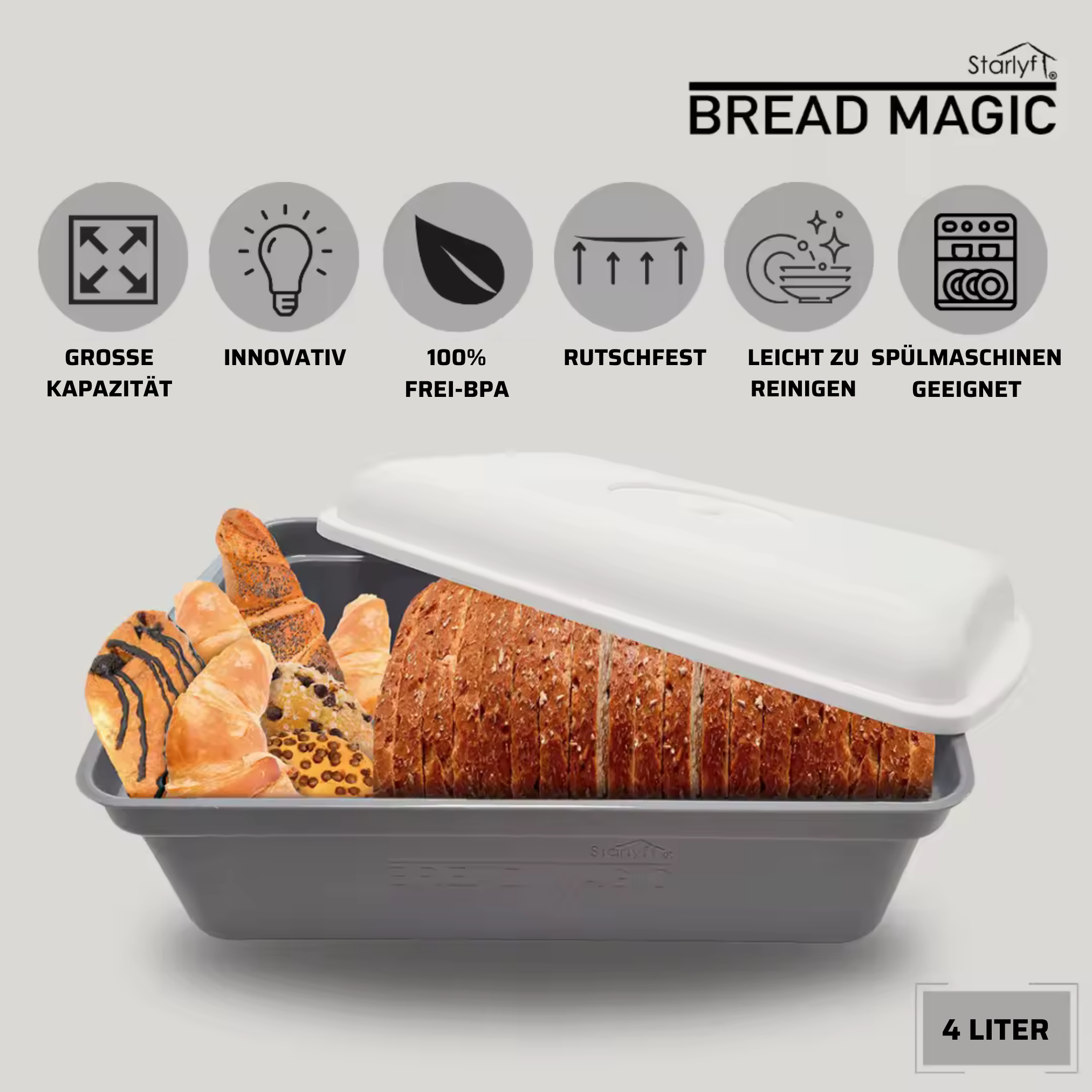 Brotaufbewahrungsbehälter mit Brot und Gebäck, mit Text, der Eigenschaften wie BPA-frei und spülmaschinenfest angibt.
