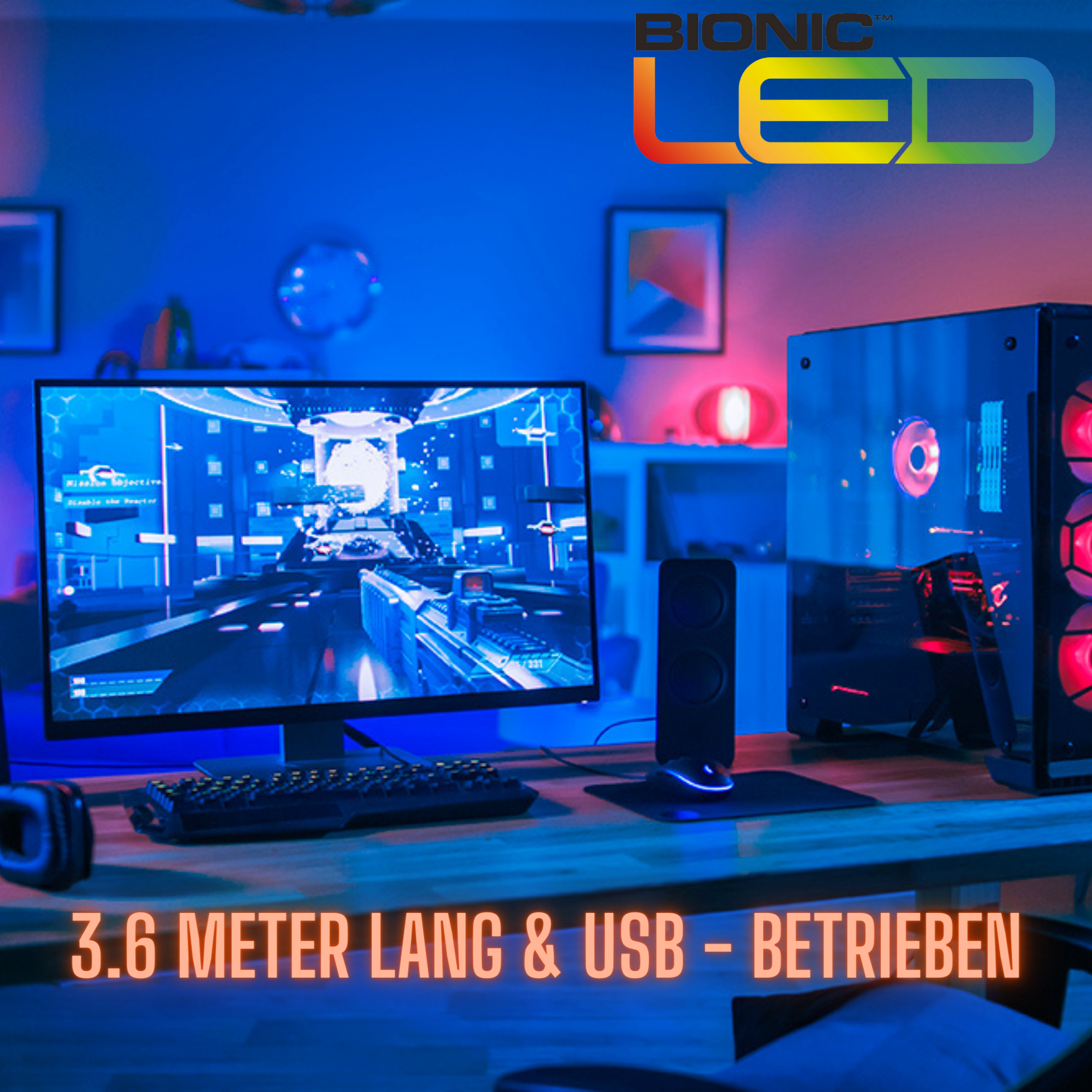 Gaming-Setup mit Monitor, Computer und Tastatur. Blaue und rote Beleuchtung erhellt die Szene.