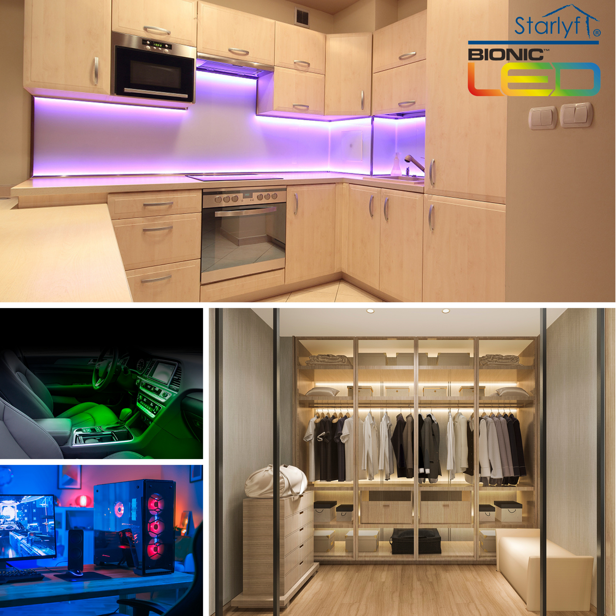 Küche mit LED-Leuchten, Computer-Setup, Schrank mit LED-Beleuchtung und Auto-Innenraum mit grünen Lichtern.