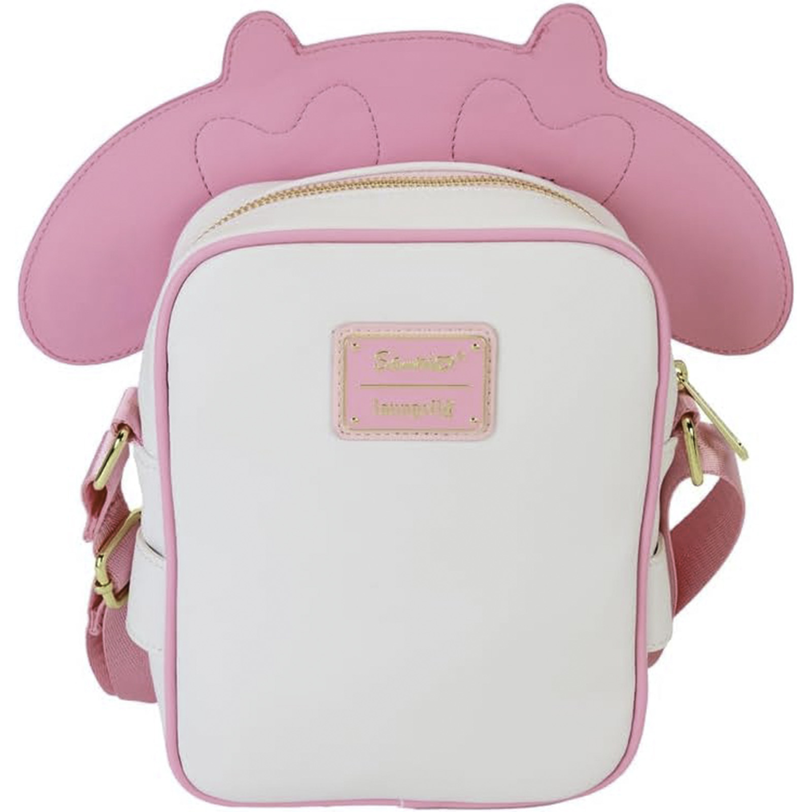 Una mochila blanca y rosa con orejas de gato. Detalles rosas, detalles dorados.
