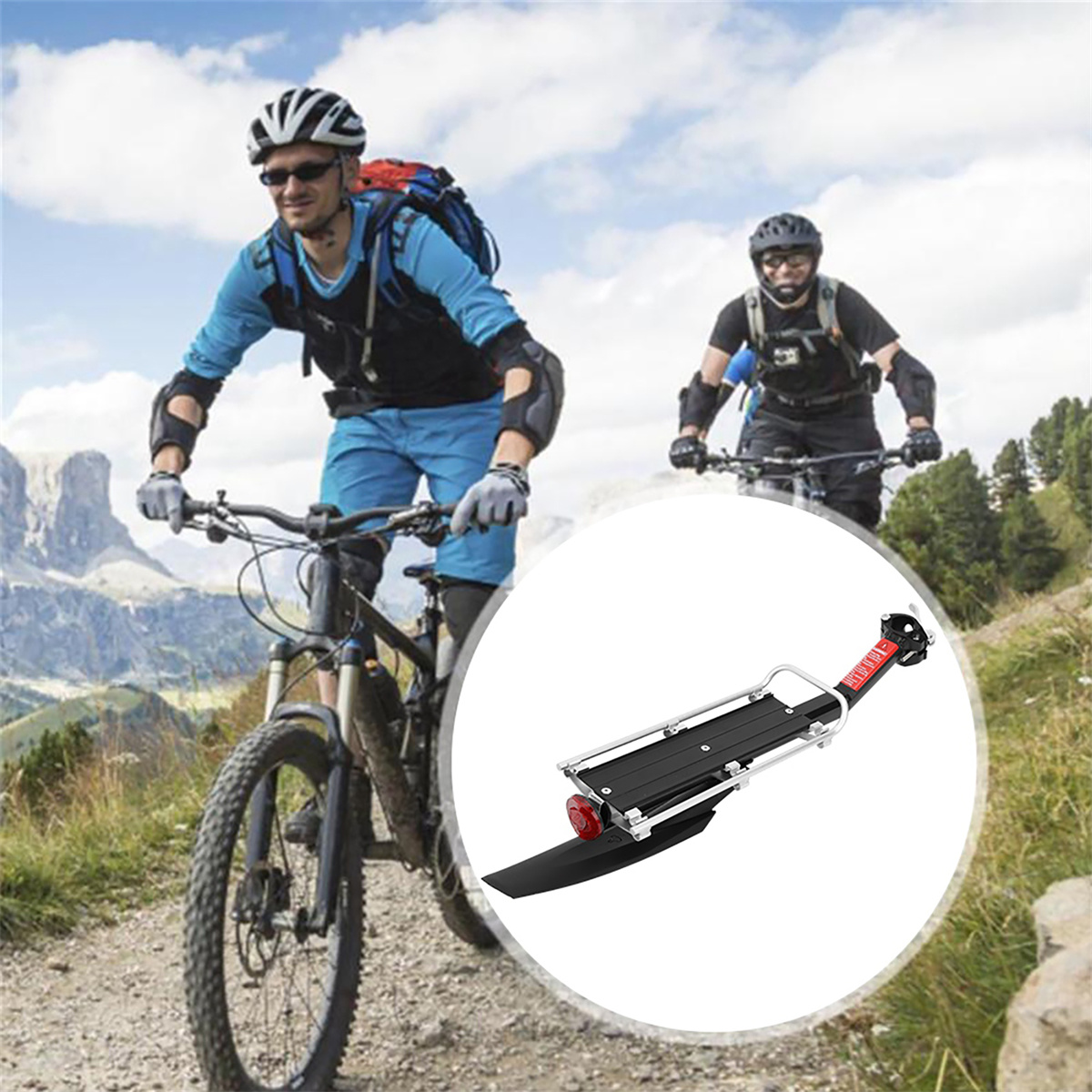 Zwei Radfahrer auf einem Trail mit einem Fahrrad, Gepäckträger und rotem Licht.