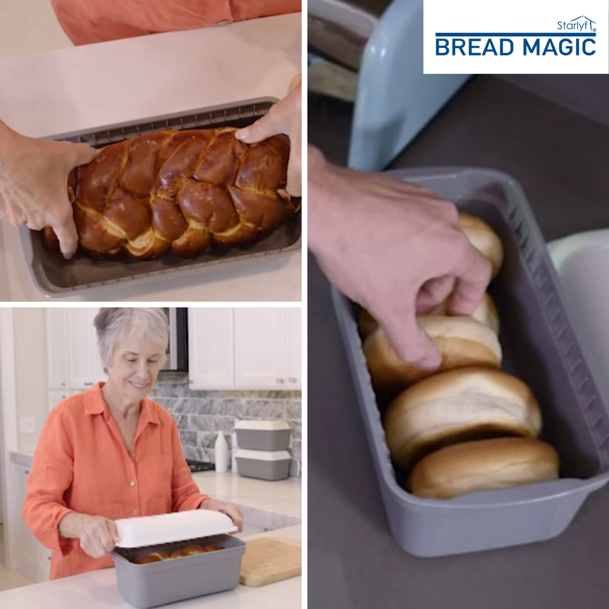 Hände legen Brot in grauen Behälter. Frau setzt Deckel auf den Behälter. Ein weiterer Behälter enthält Brötchen.
