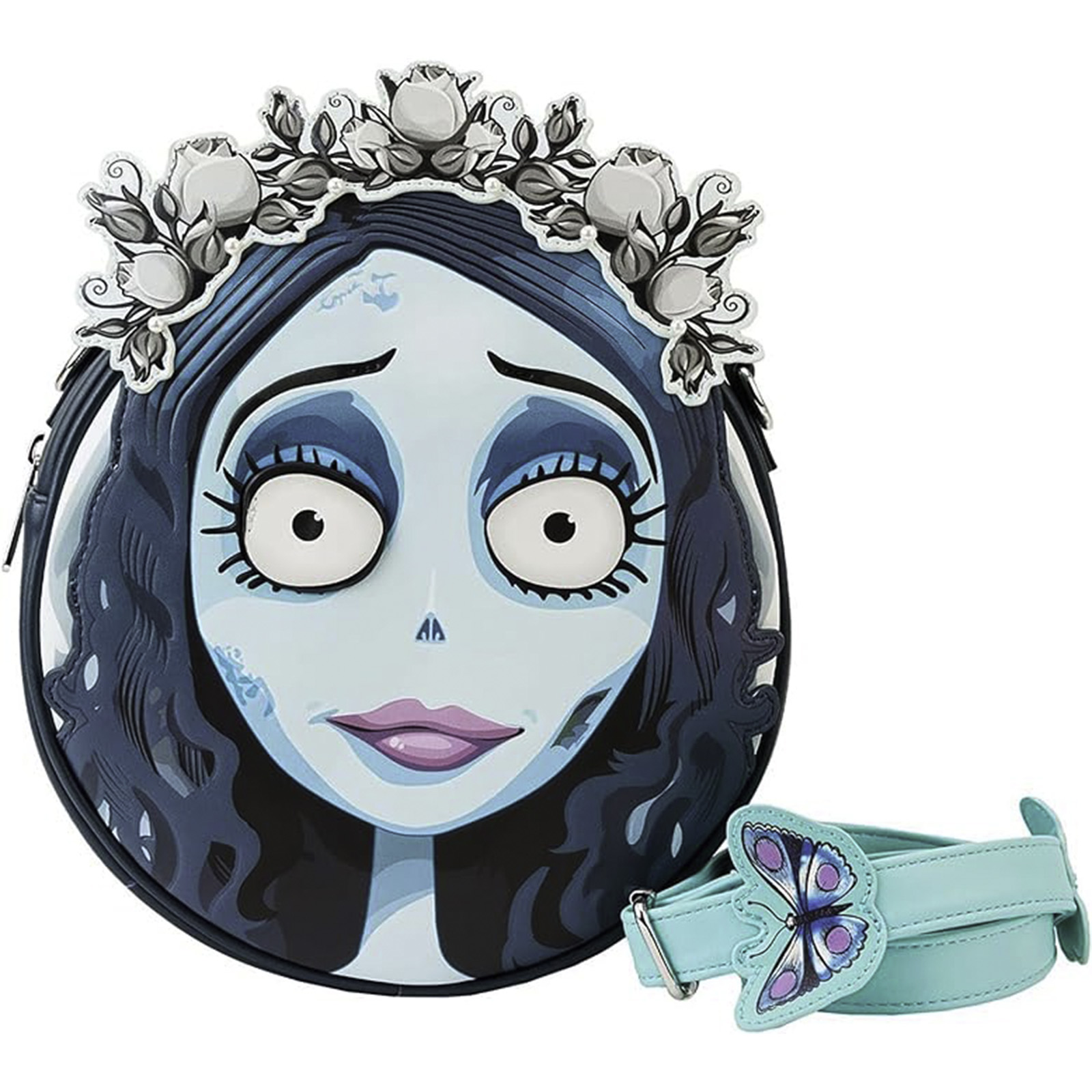 Eine Geldbörse in Form einer Cartoon-Frau mit Kopfschmuck und Gürtel mit Schmetterling.