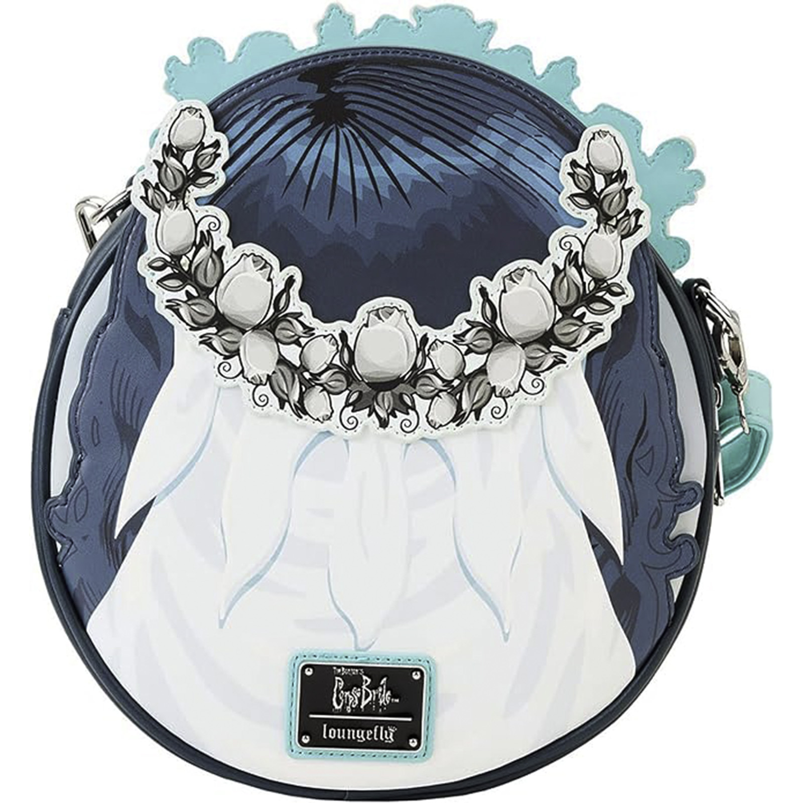 Runde Handtasche in Form einer Zeichentrickfigur. Blaue und weiße Details.