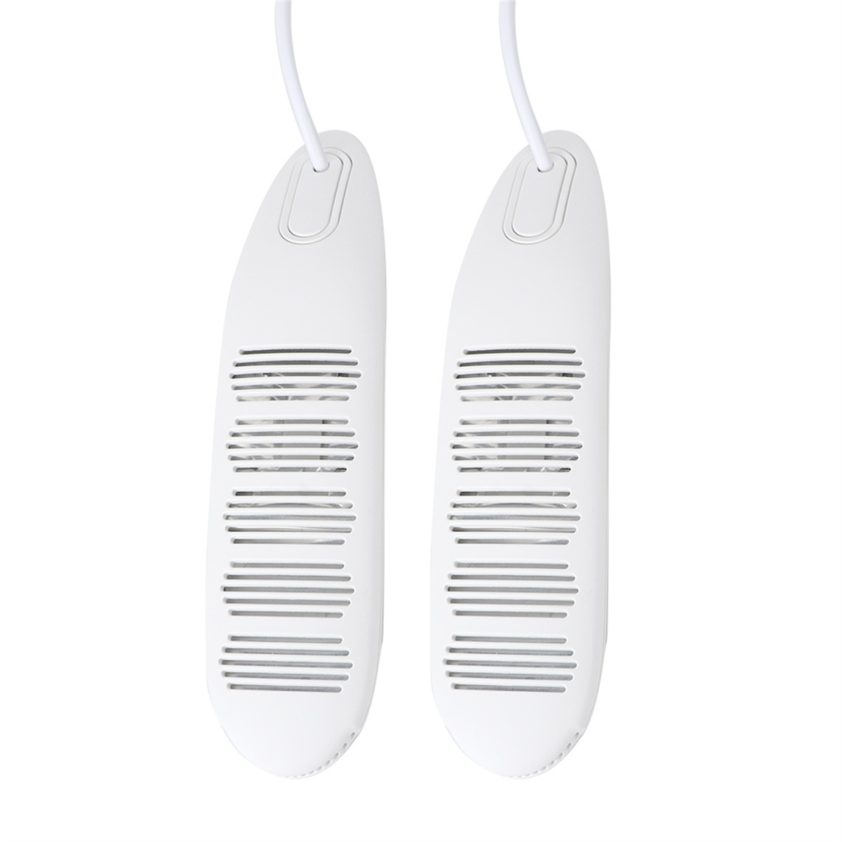 Zwei weiße Schuhtrockner, längliche Form mit Belüftungslöchern und weißem Netzkabel.